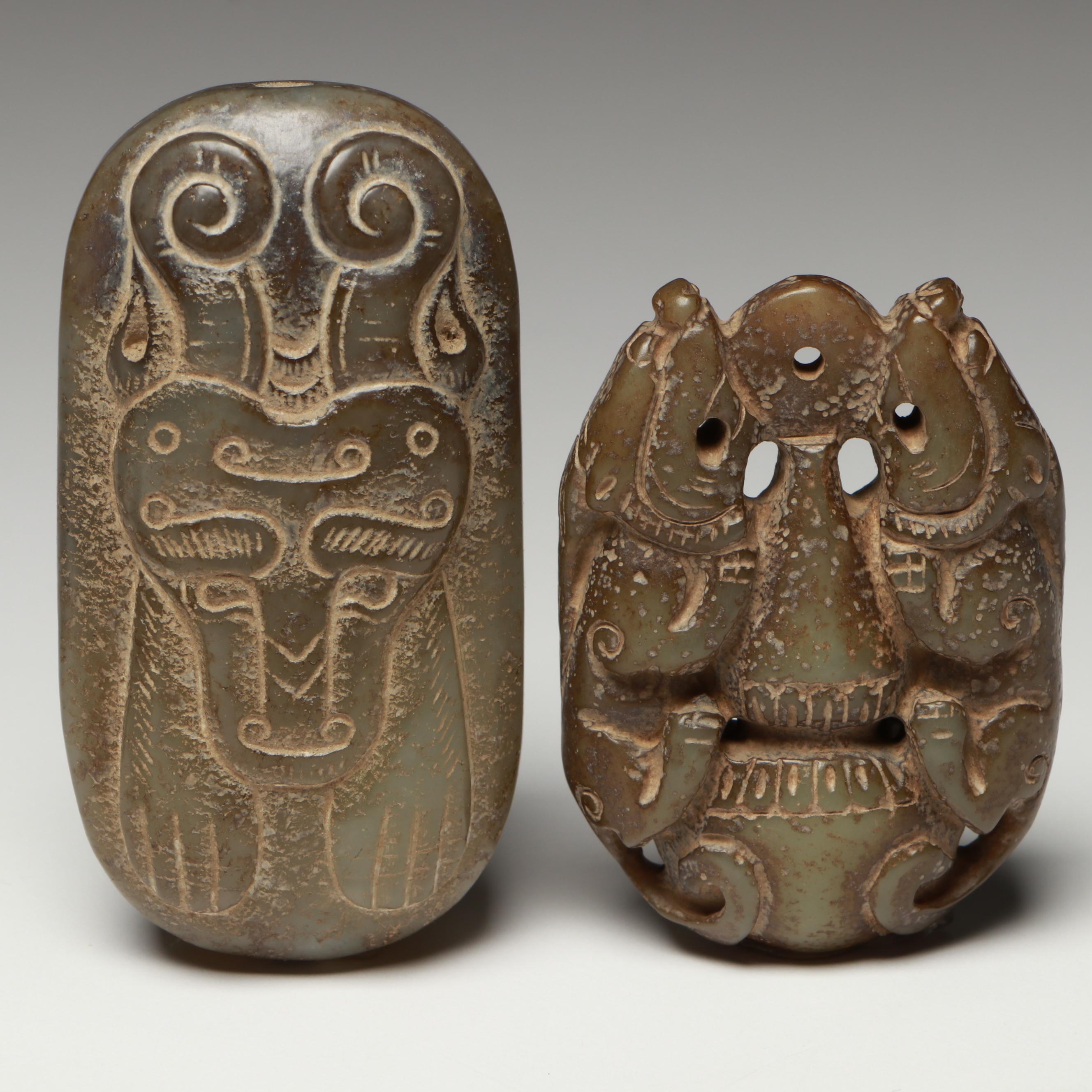 Chinese with Other Carved Serpentine Netsuke, Beads and Pendants