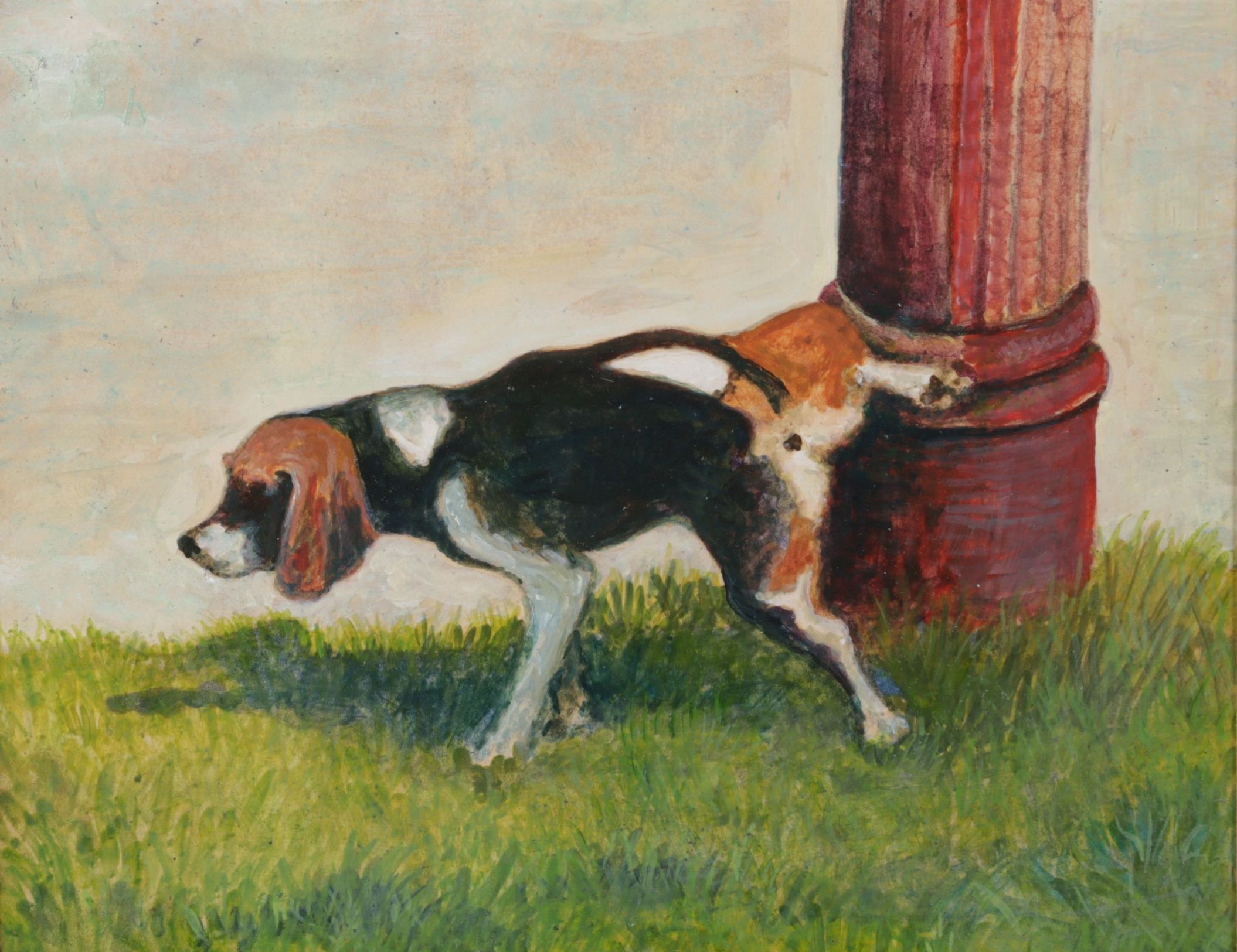 Oil Painting of Beagle and a Fire Hydrant, Late 20th Century