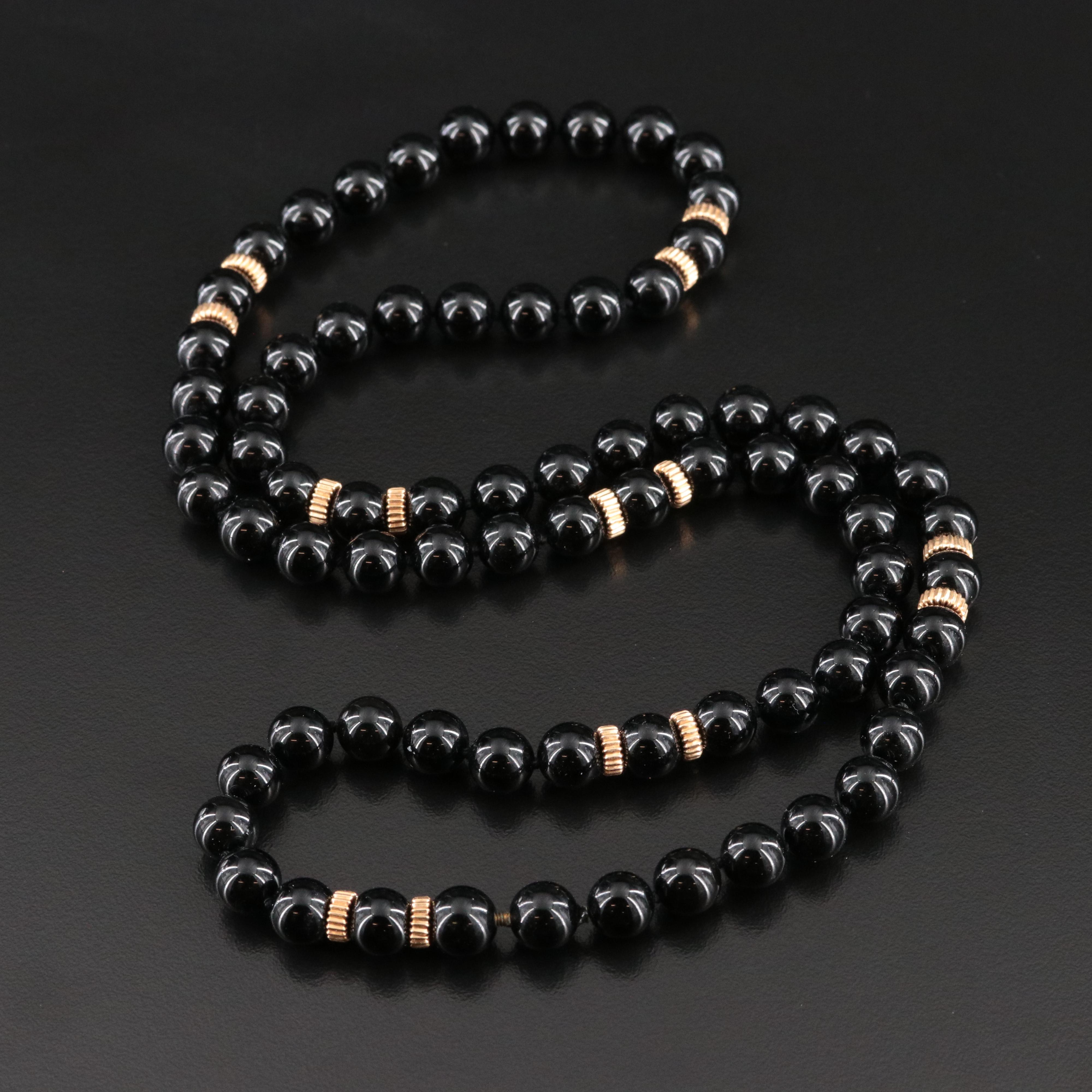 Black Onyx Necklace with 14K Fluted Bead Accent