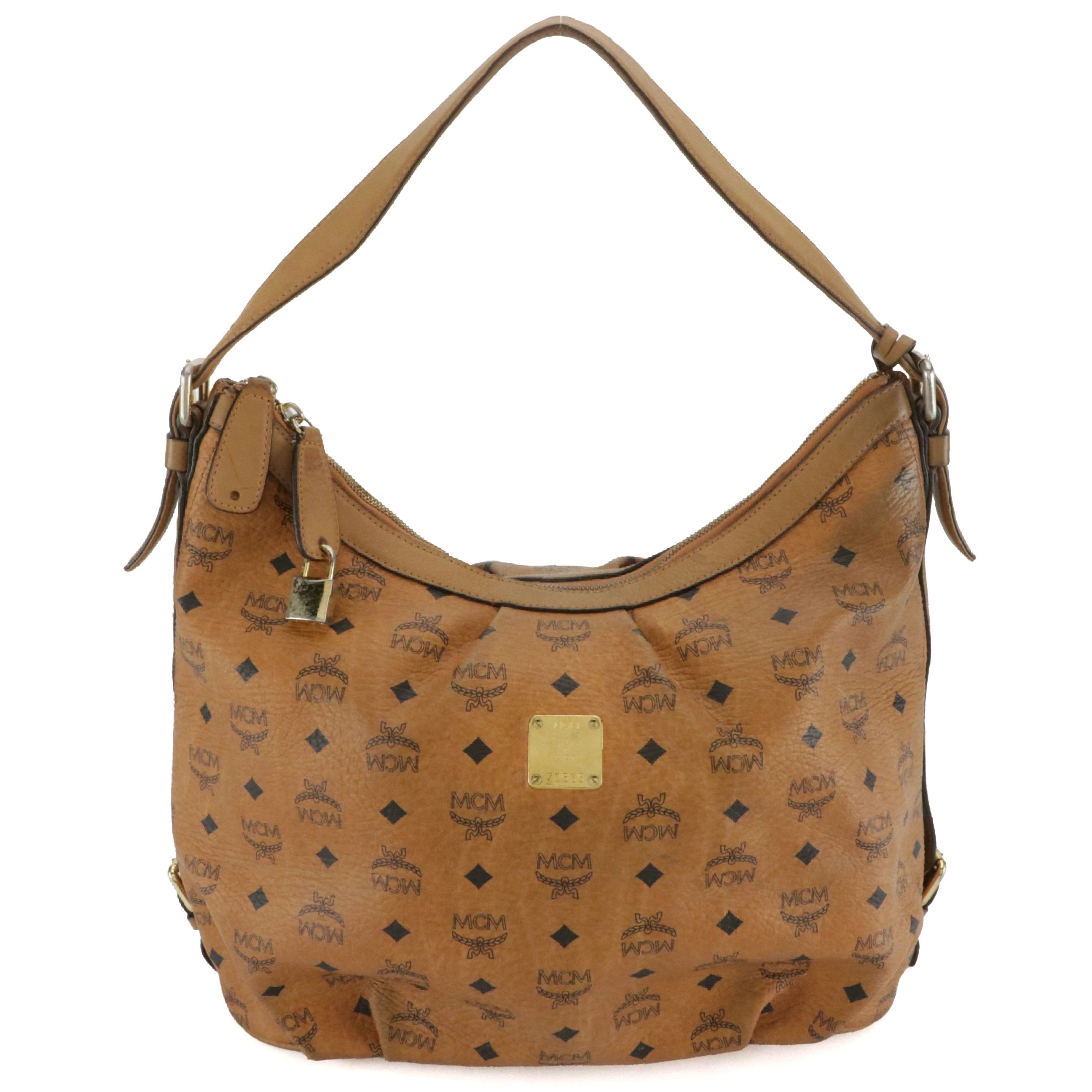 MCM Pleated Hobo Bag in Cognac Visetos Canvas with Leather Buckle Trim