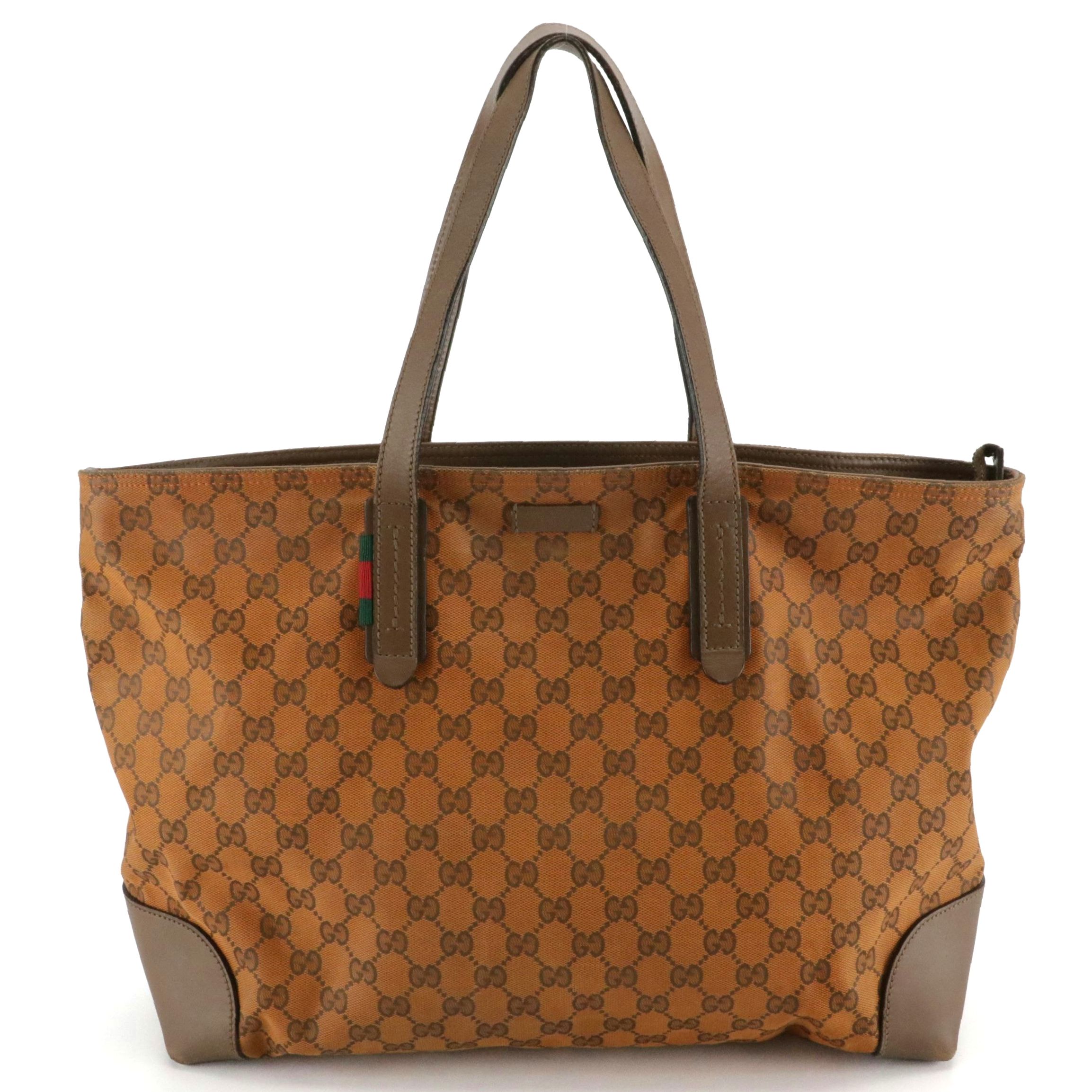 Gucci Soft Tote Bag in Orange GG Canvas and Brown Calfskin Leather Trim