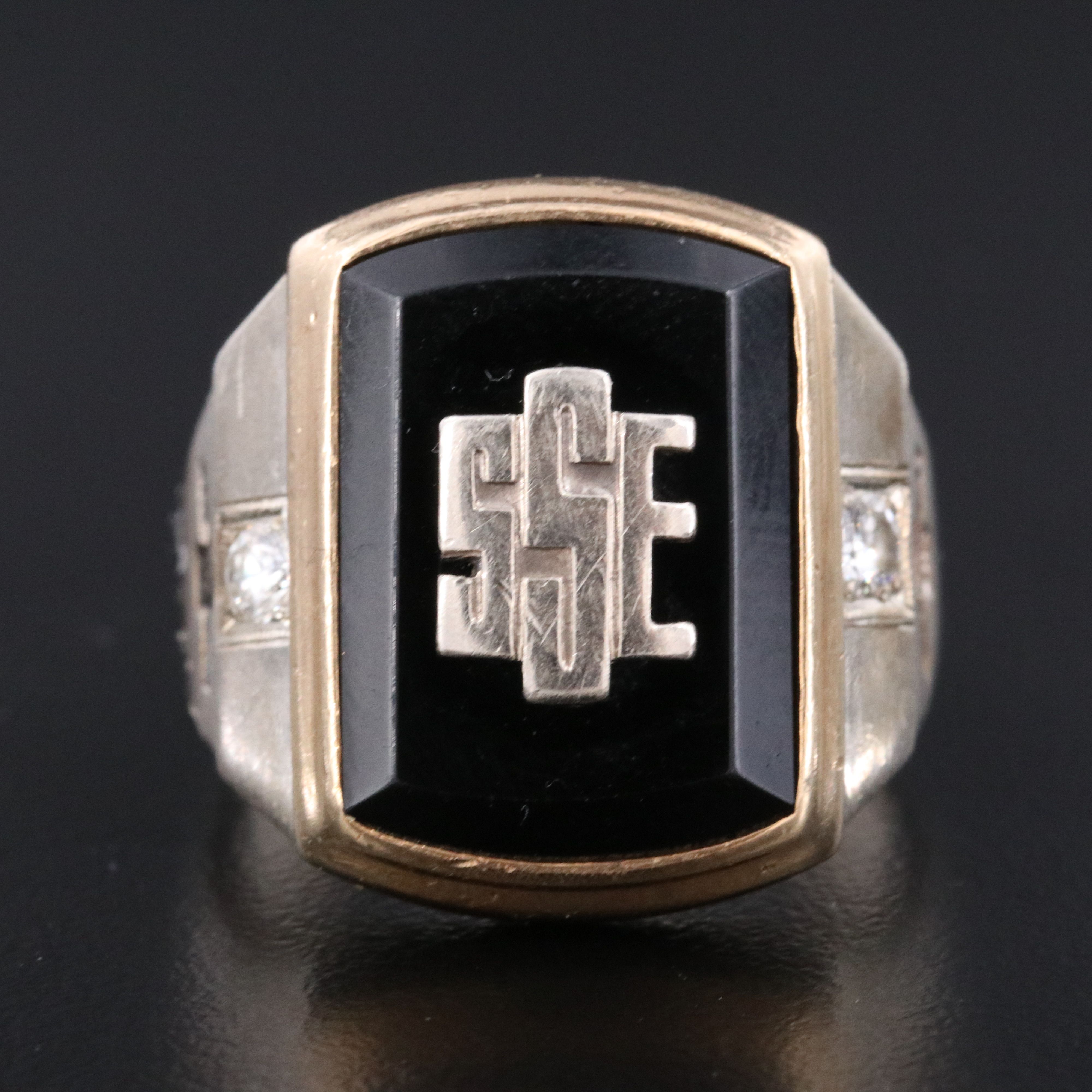 10K Black Onyx and Diamond Monogram Signet Ring