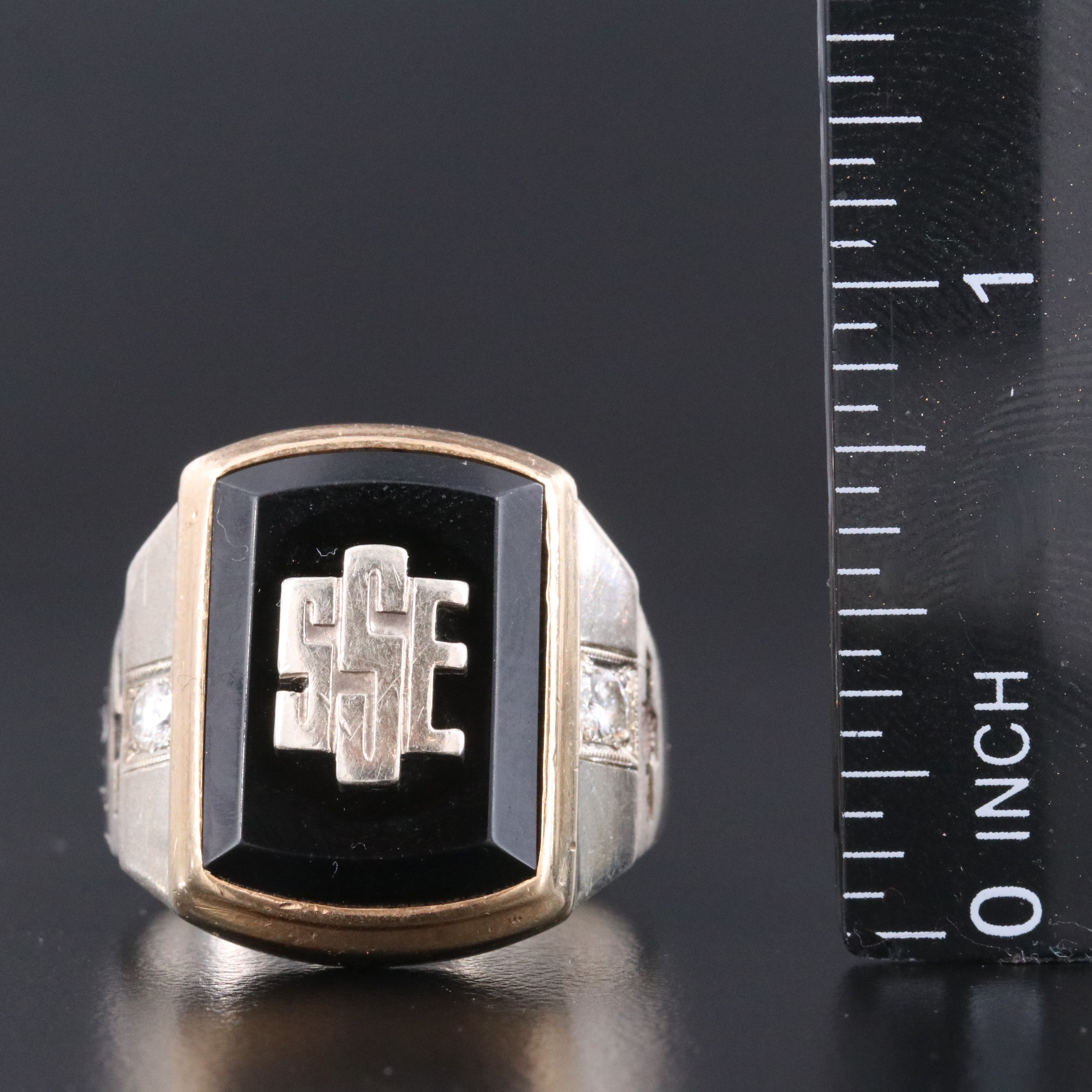 10K Black Onyx and Diamond Monogram Signet Ring