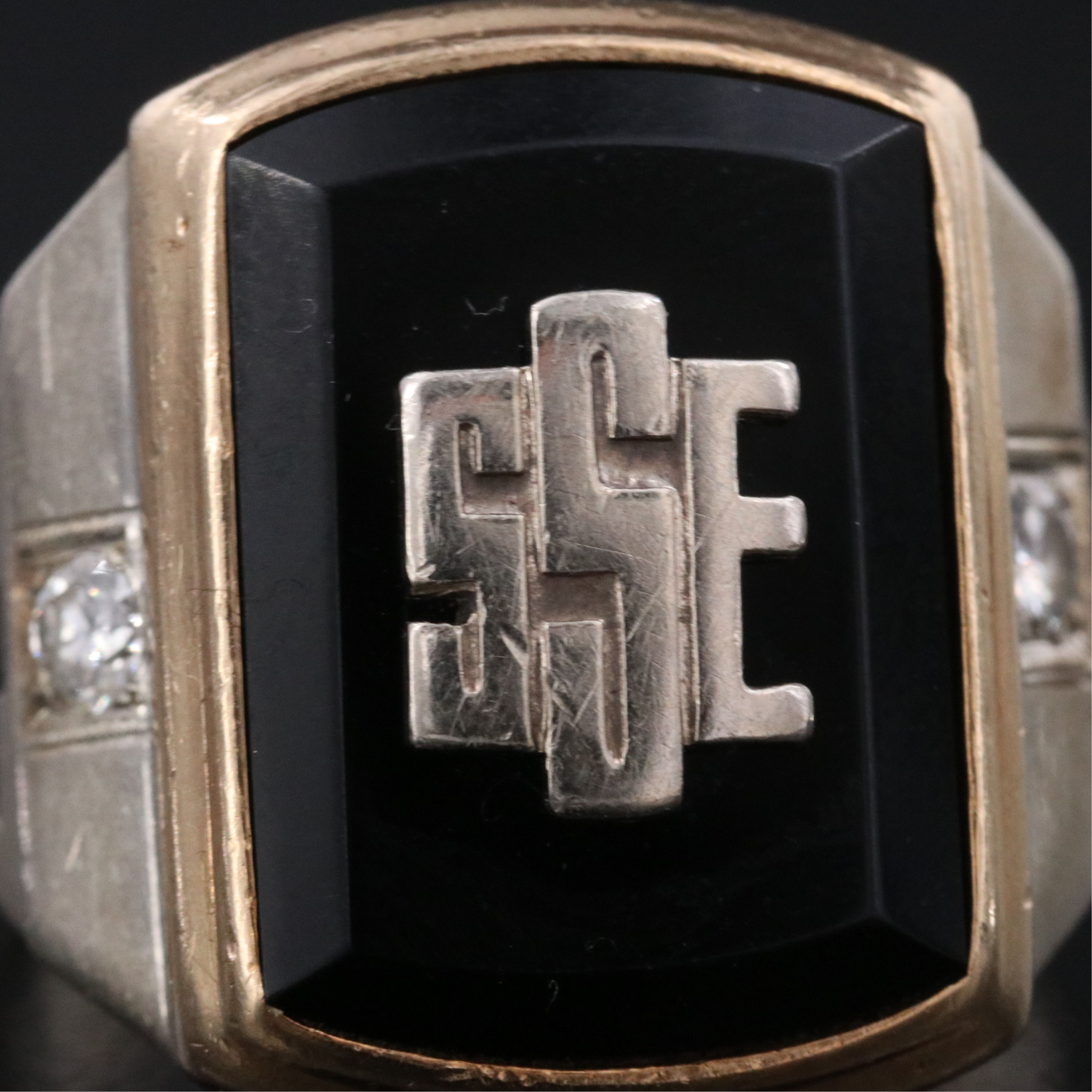 10K Black Onyx and Diamond Monogram Signet Ring