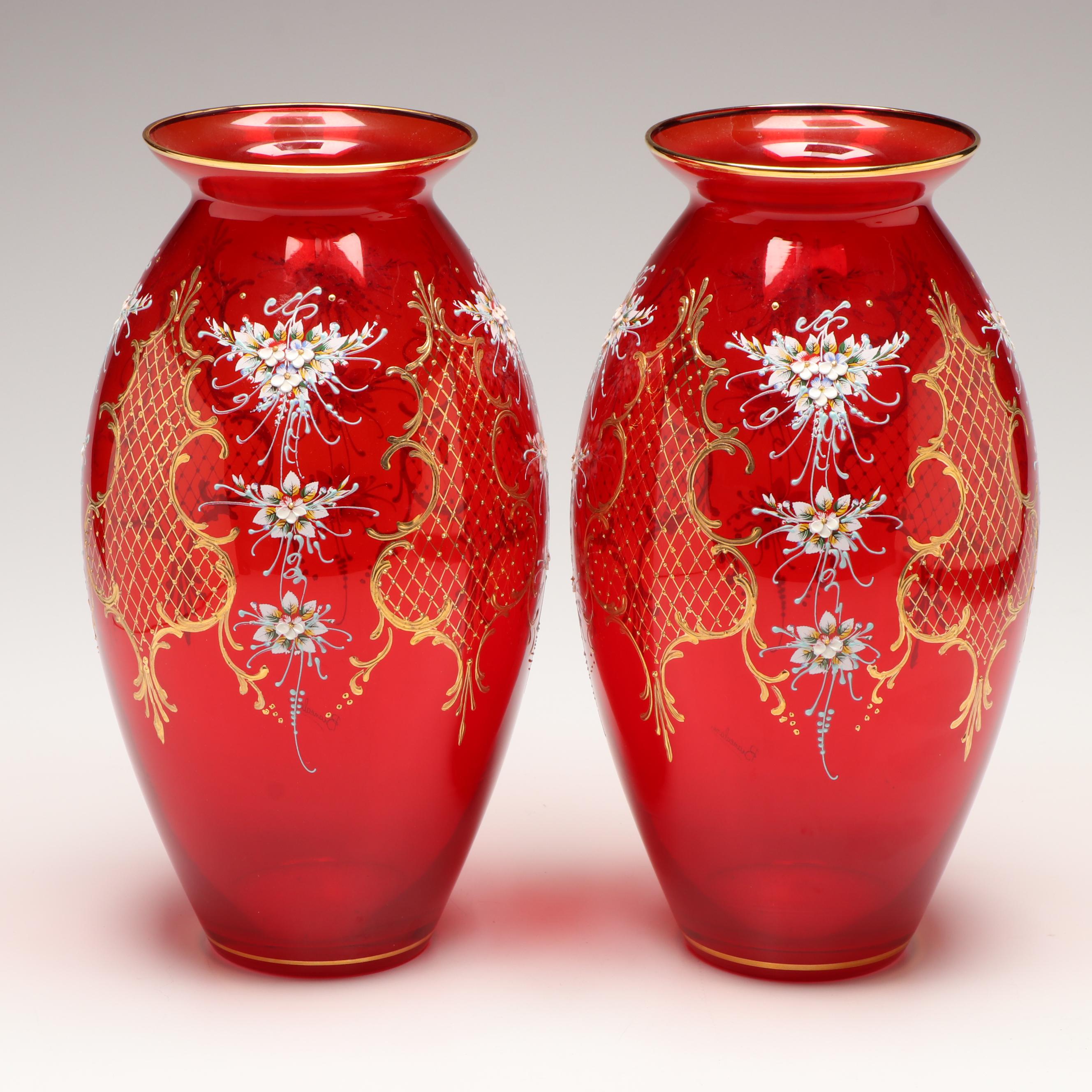 Murano Hand-Painted Floral Ruby Red Glass Vases
