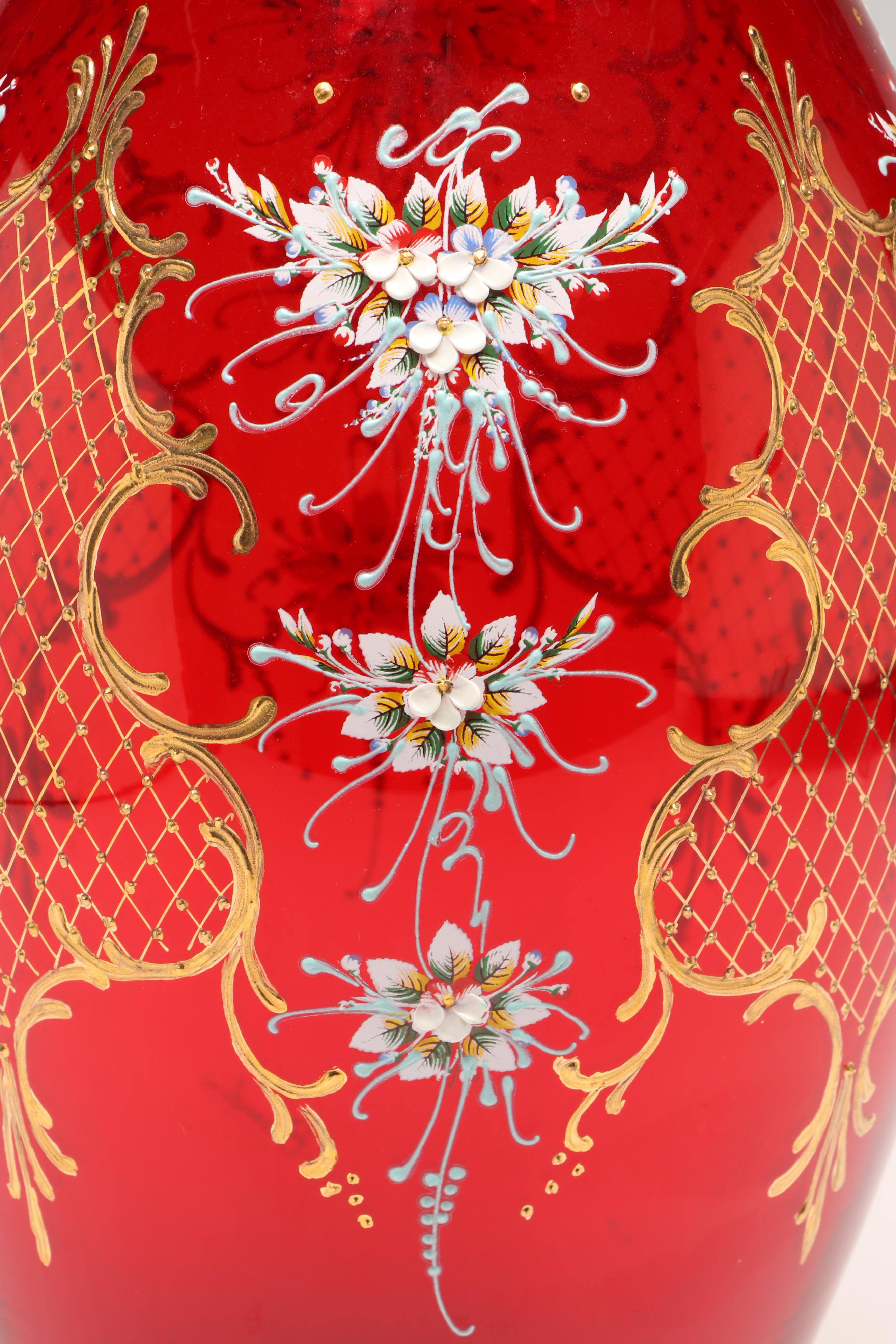 Murano Hand-Painted Floral Ruby Red Glass Vases