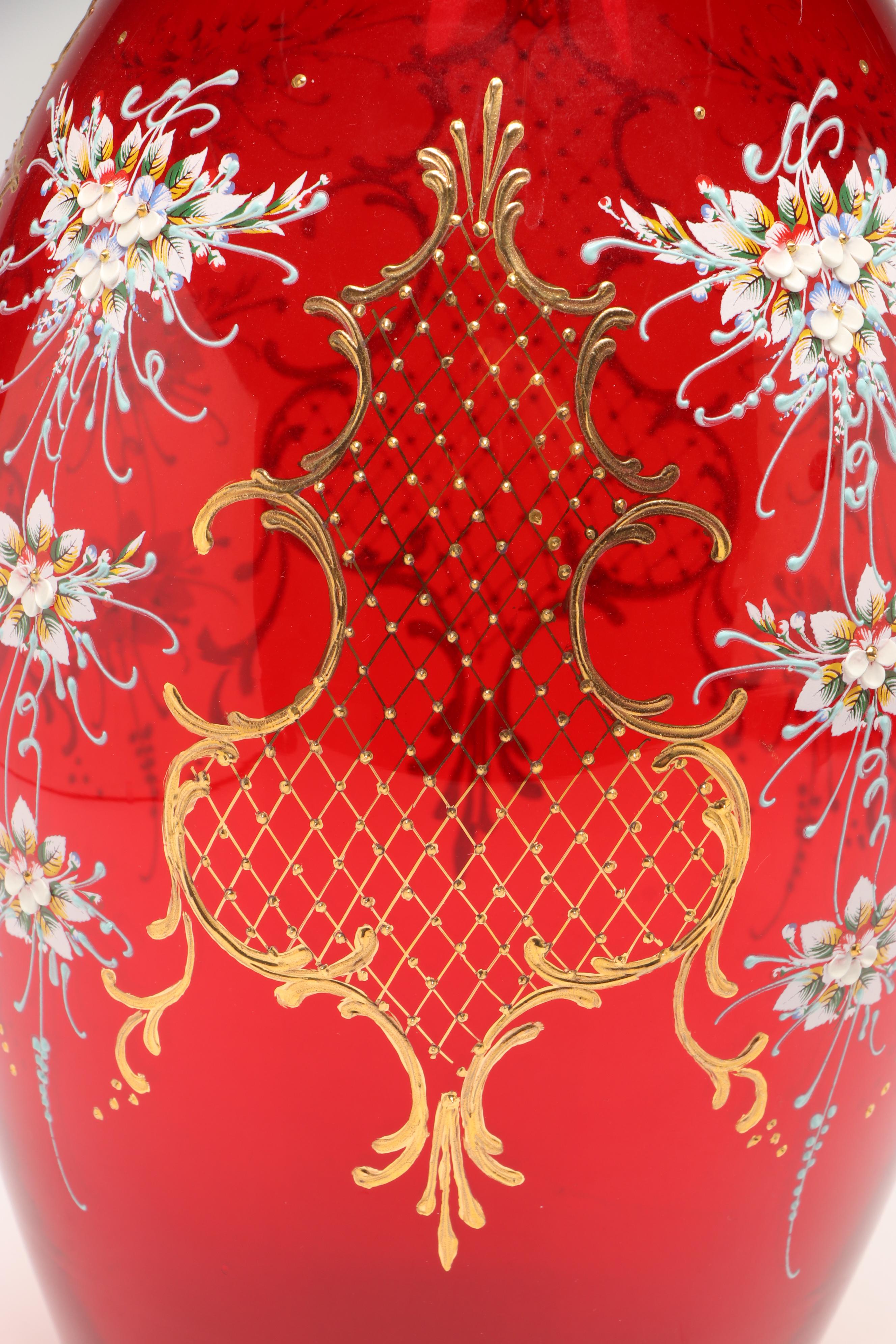 Murano Hand-Painted Floral Ruby Red Glass Vases