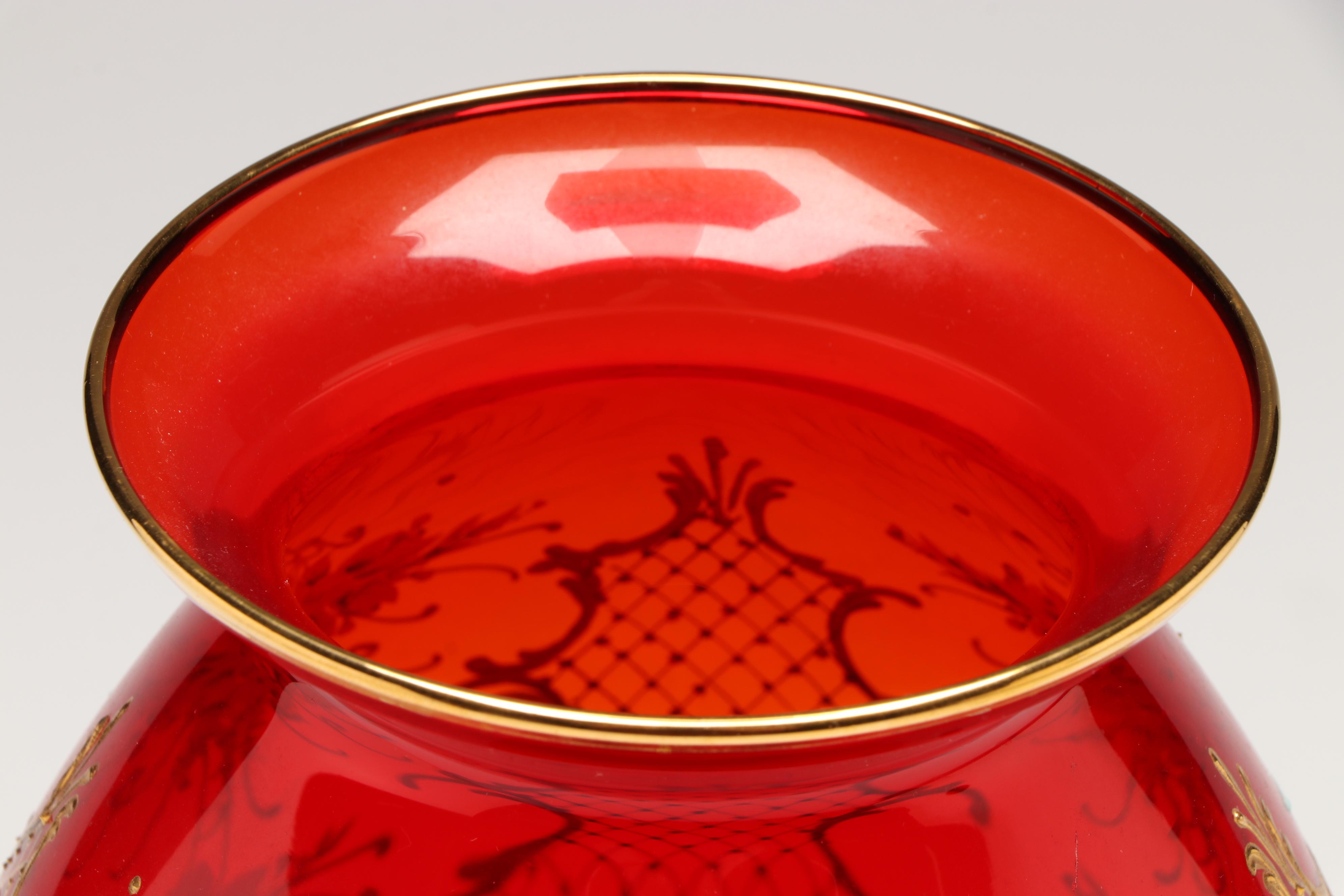 Murano Hand-Painted Floral Ruby Red Glass Vases