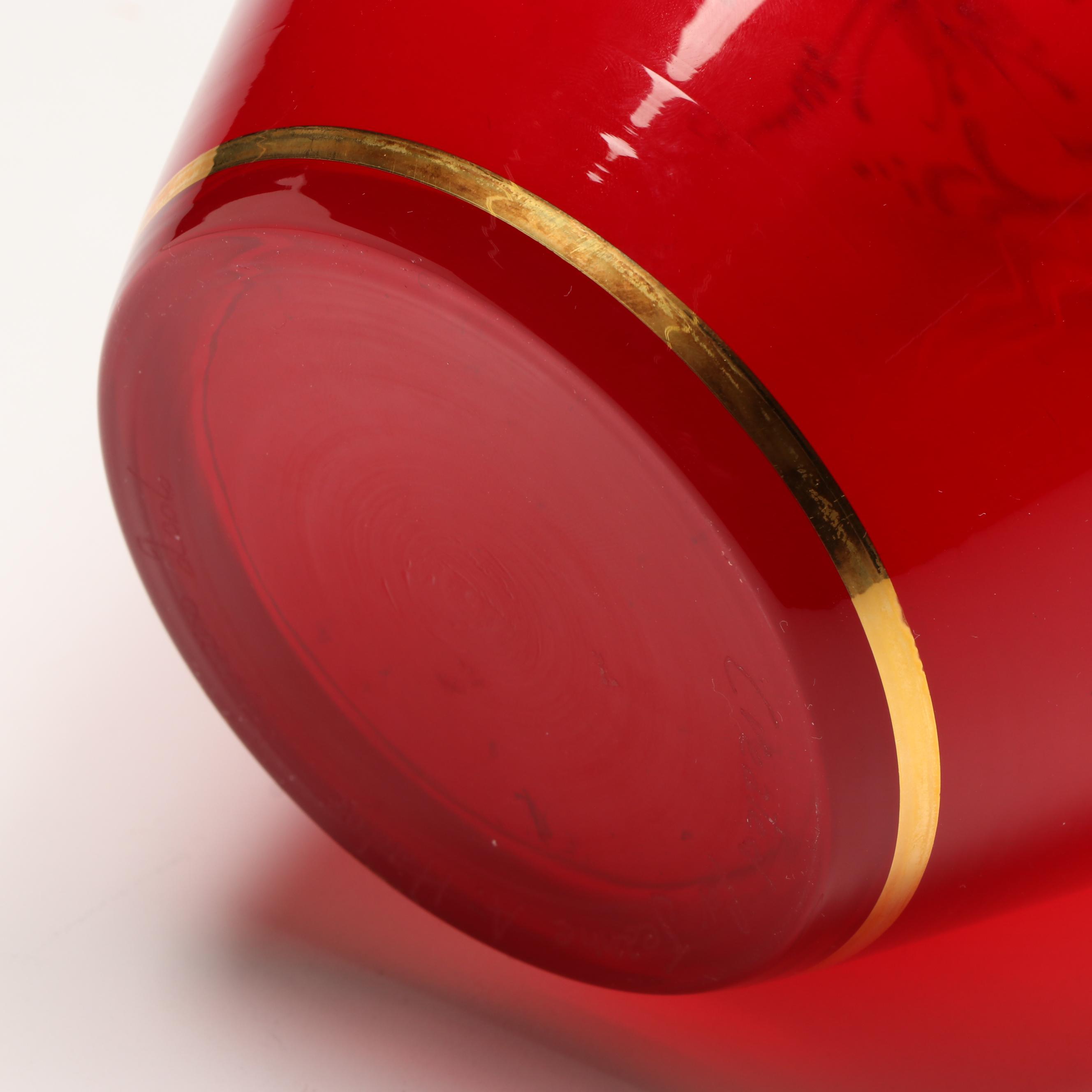 Murano Hand-Painted Floral Ruby Red Glass Vases