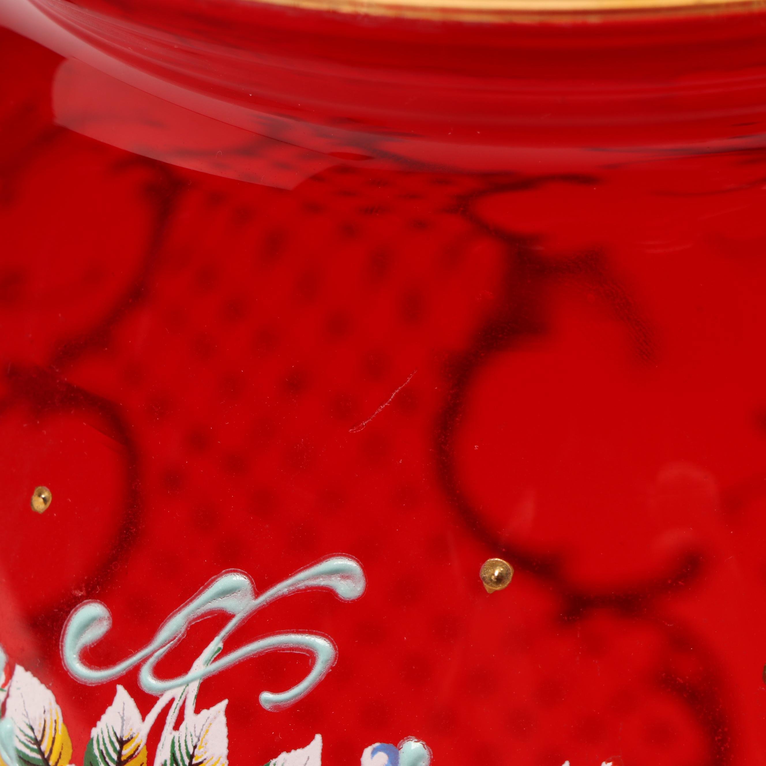 Murano Hand-Painted Floral Ruby Red Glass Vases