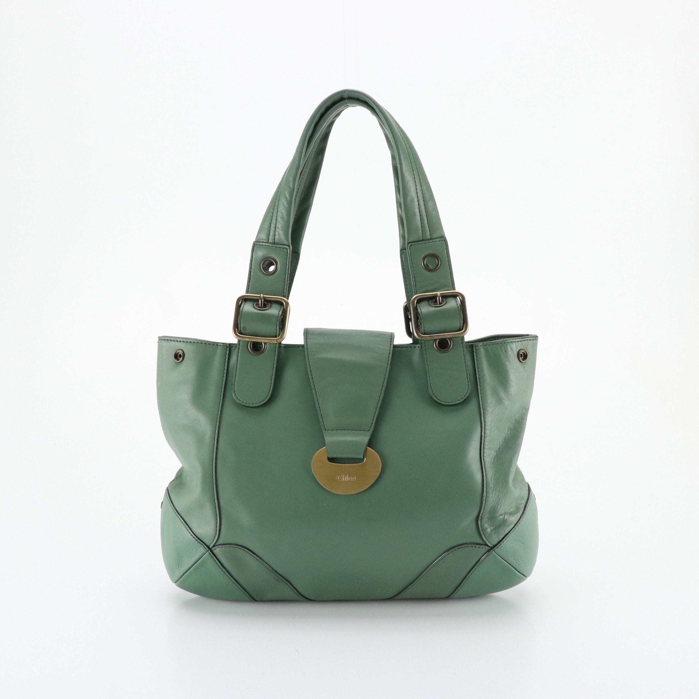 Chloé Logo Plate Handbag in Sea Green Calfskin Leather