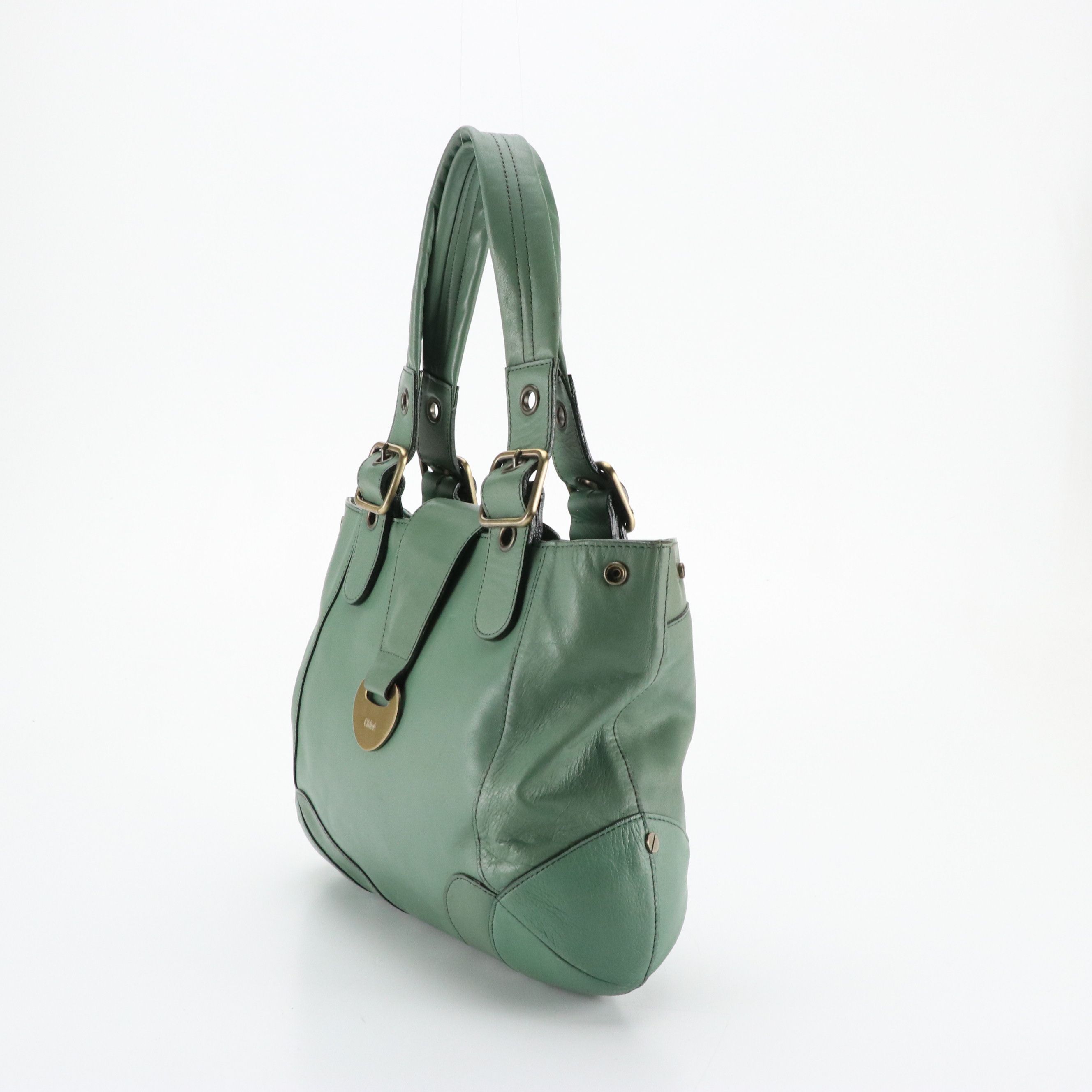Chloé Logo Plate Handbag in Sea Green Calfskin Leather