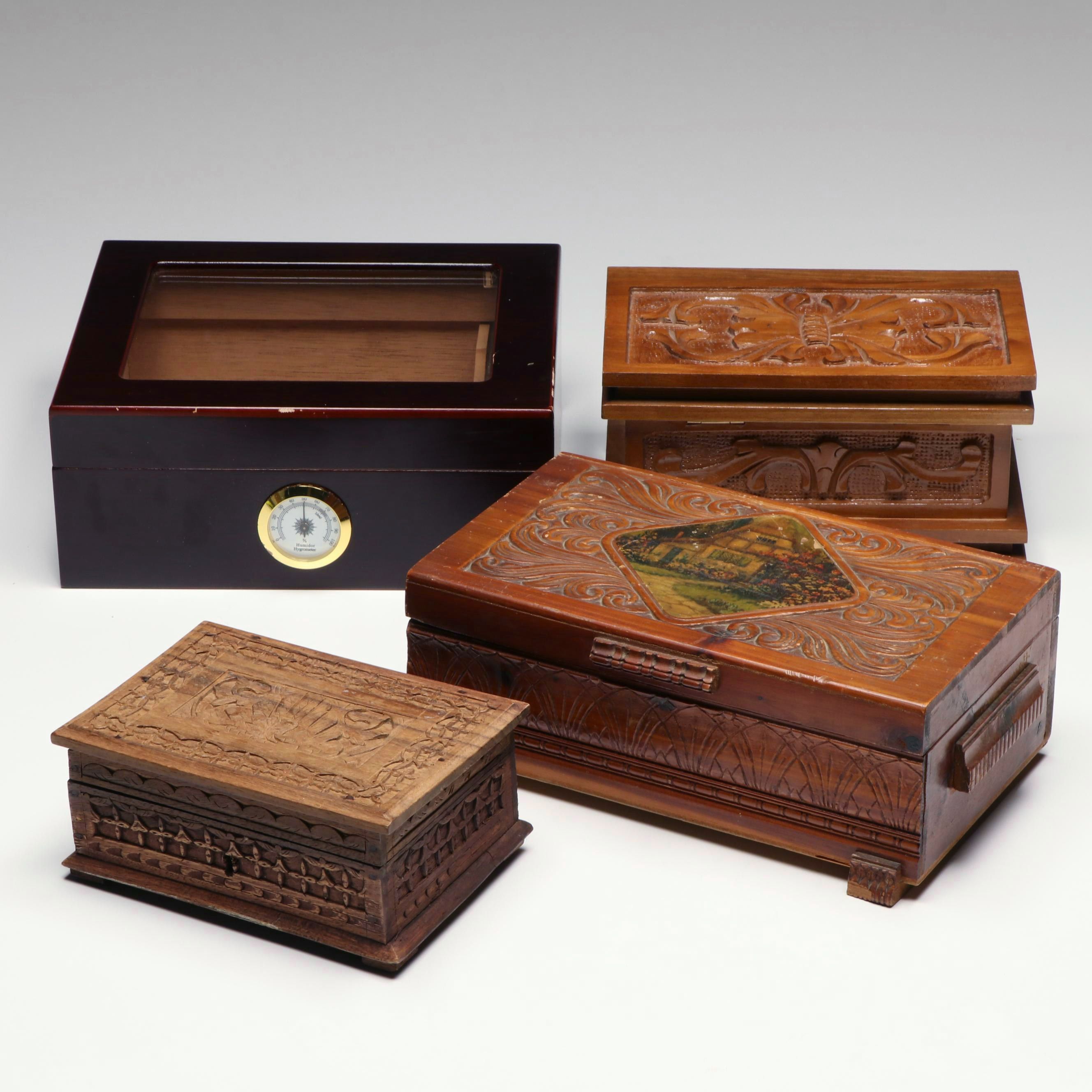 Quality Importers Humidor with Turkish and Other Carved Wood Boxes