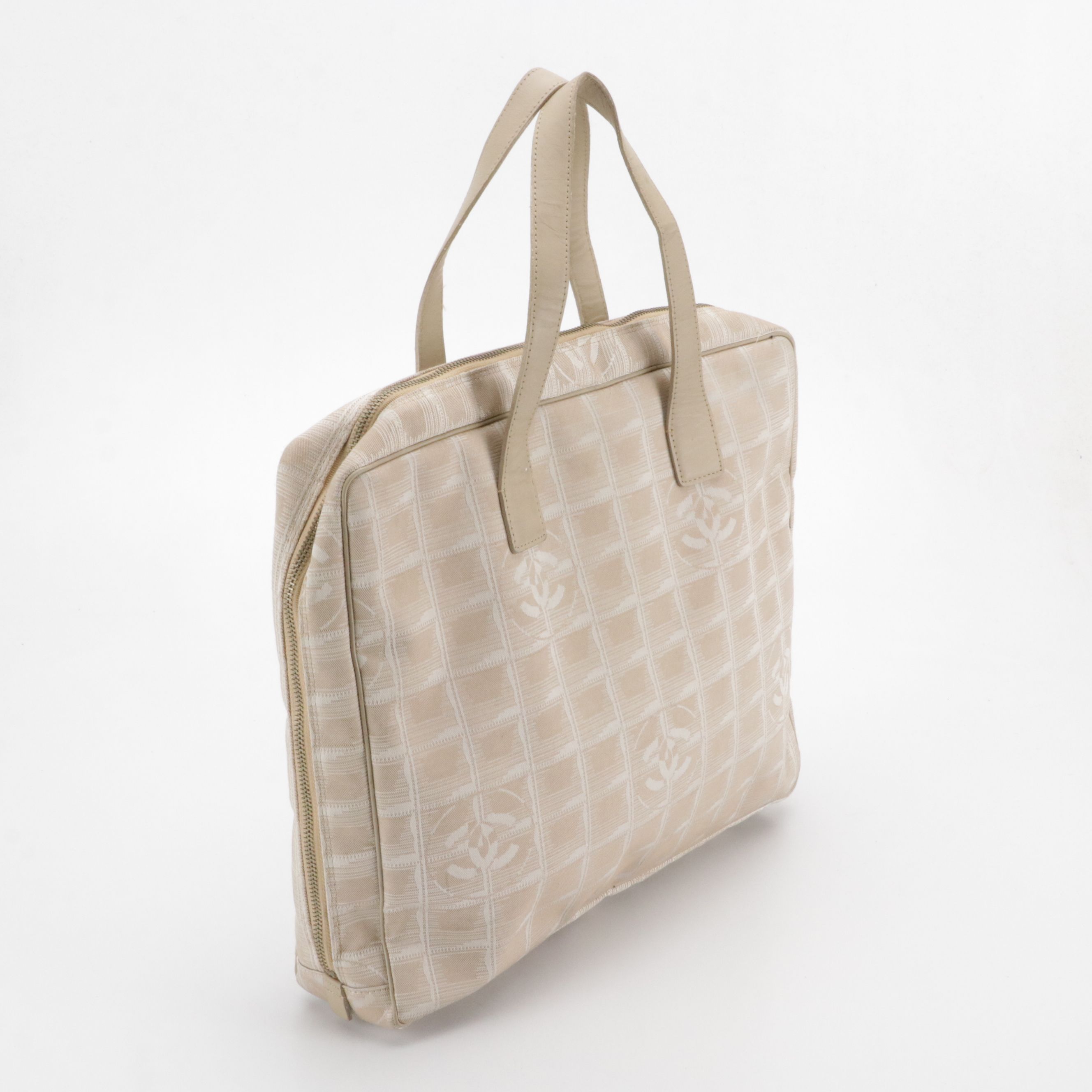 Chanel Travel Ligne Zip-Around Briefcase Bag Beige CC Jacquard with Leather Trim