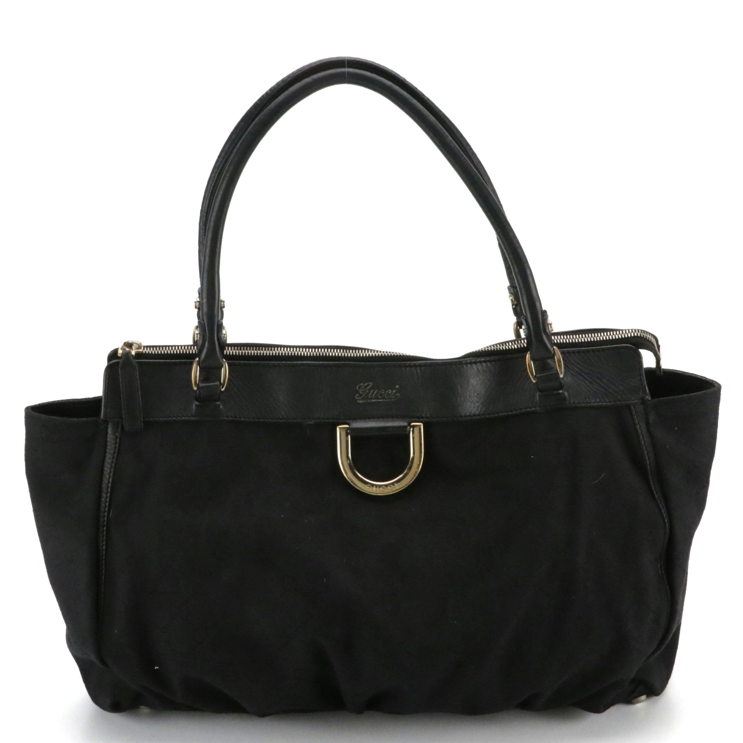 Gucci Large Abbey D-Ring Shoulder Bag in Black GG Canvas and Leather