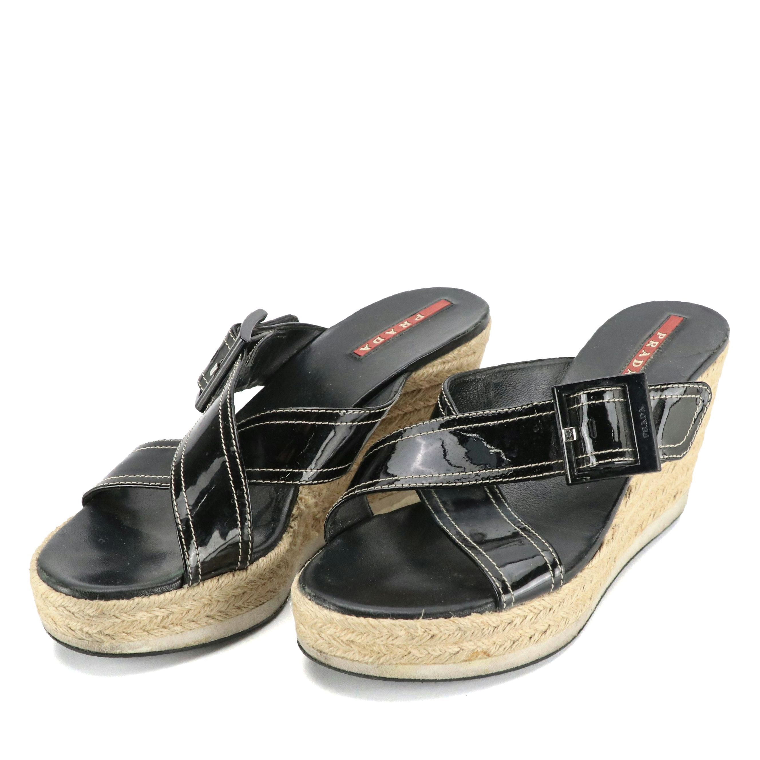 Prada Sport Black Patent Leather Espadrille Wedge Sandals