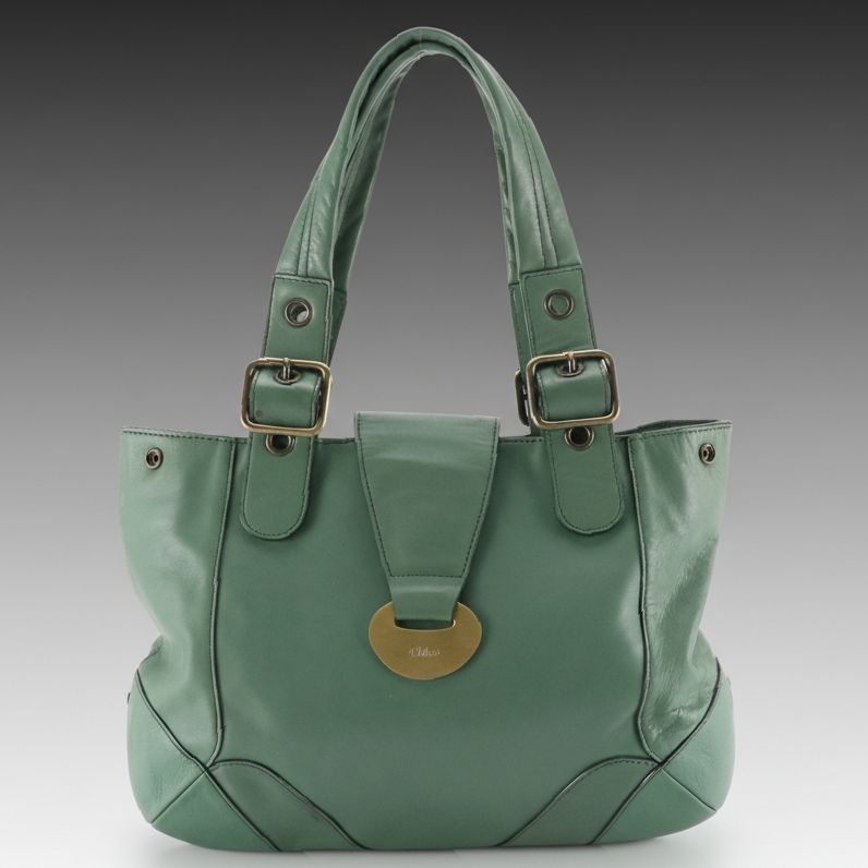 Chloé Logo Plate Handbag in Sea Green Calfskin Leather