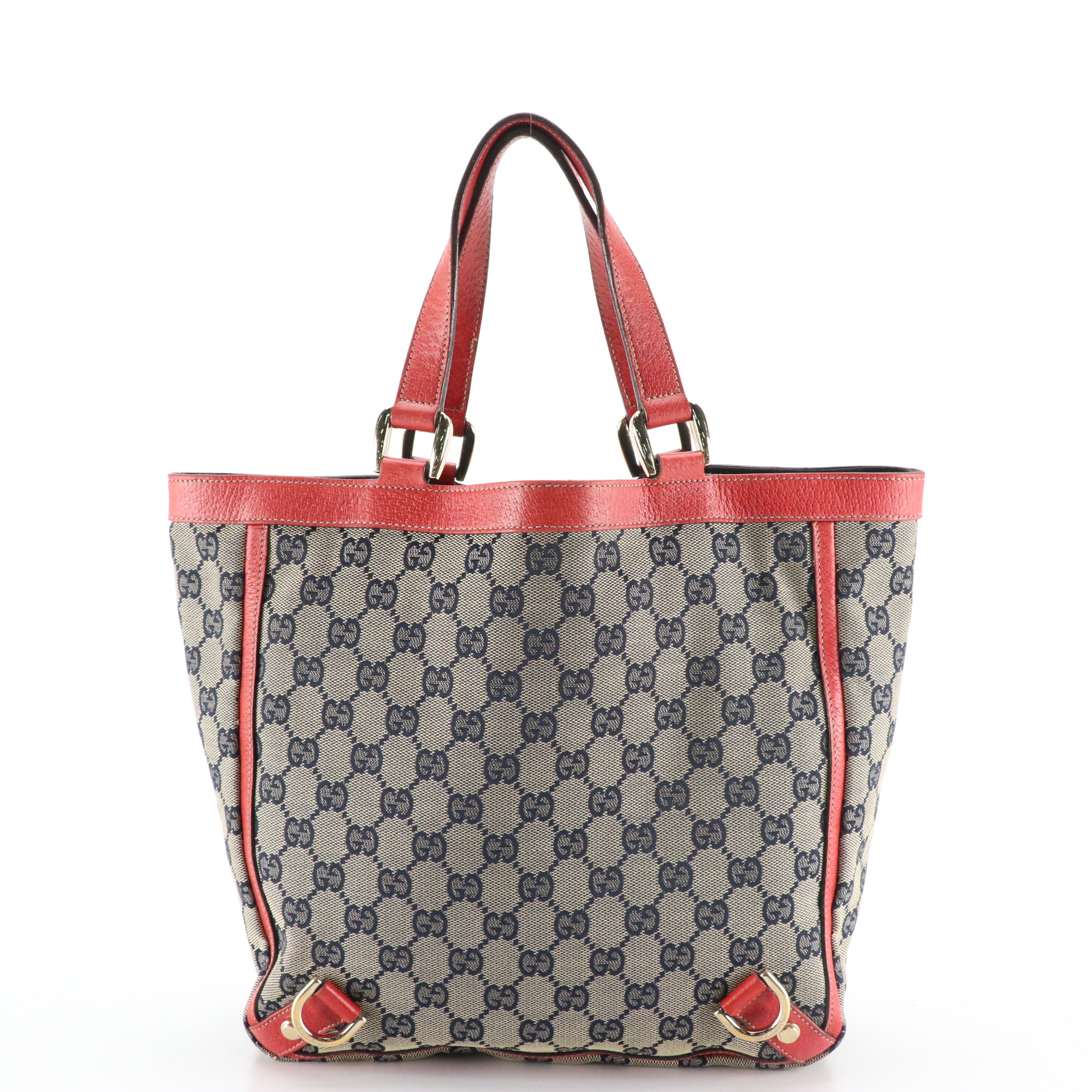Gucci Abbey D-Ring Tote Bag in GG Canvas with Red Leather Trim