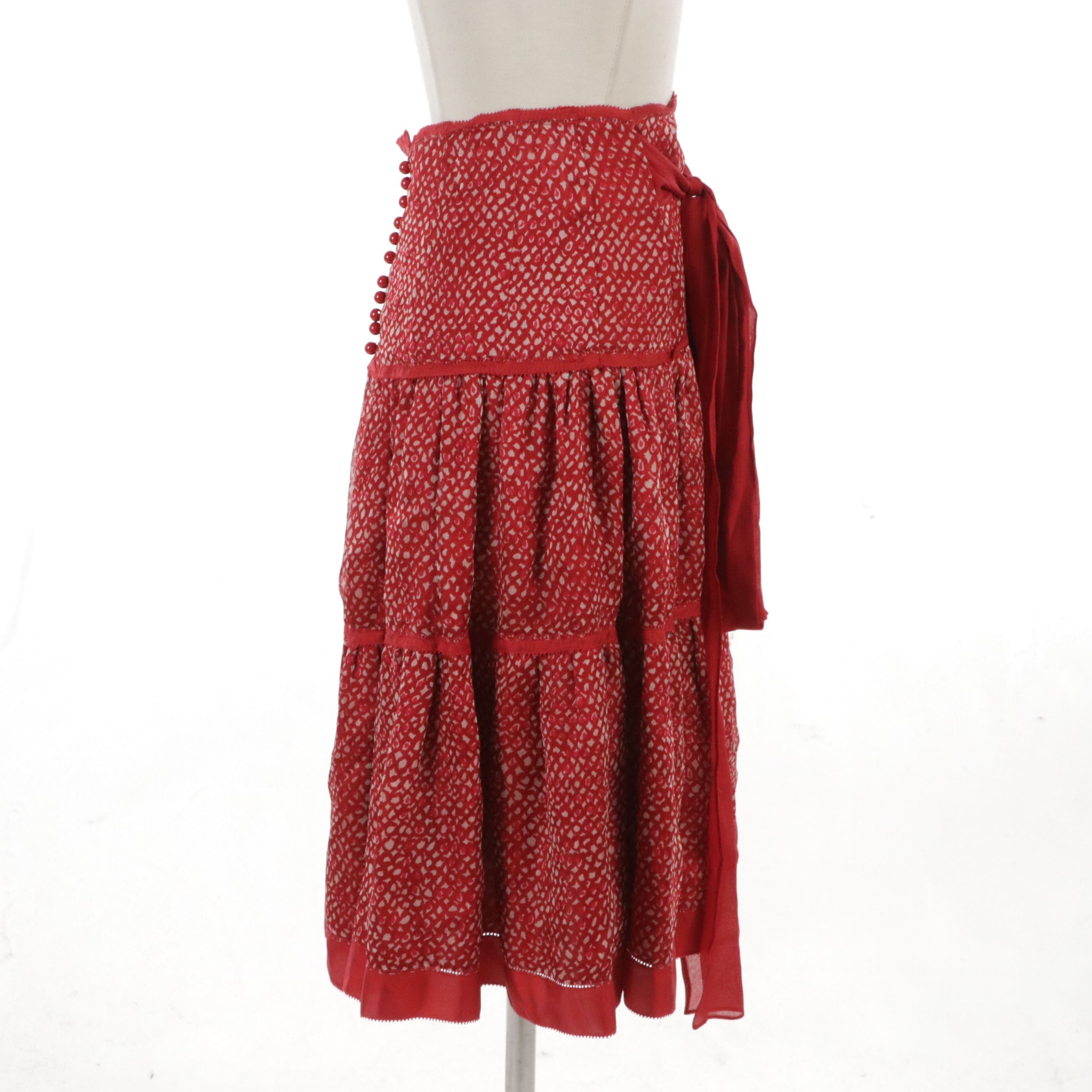 Louis Vuitton Printed Silk Skirt in Red and White with Ribbon Trim and Tie Belt
