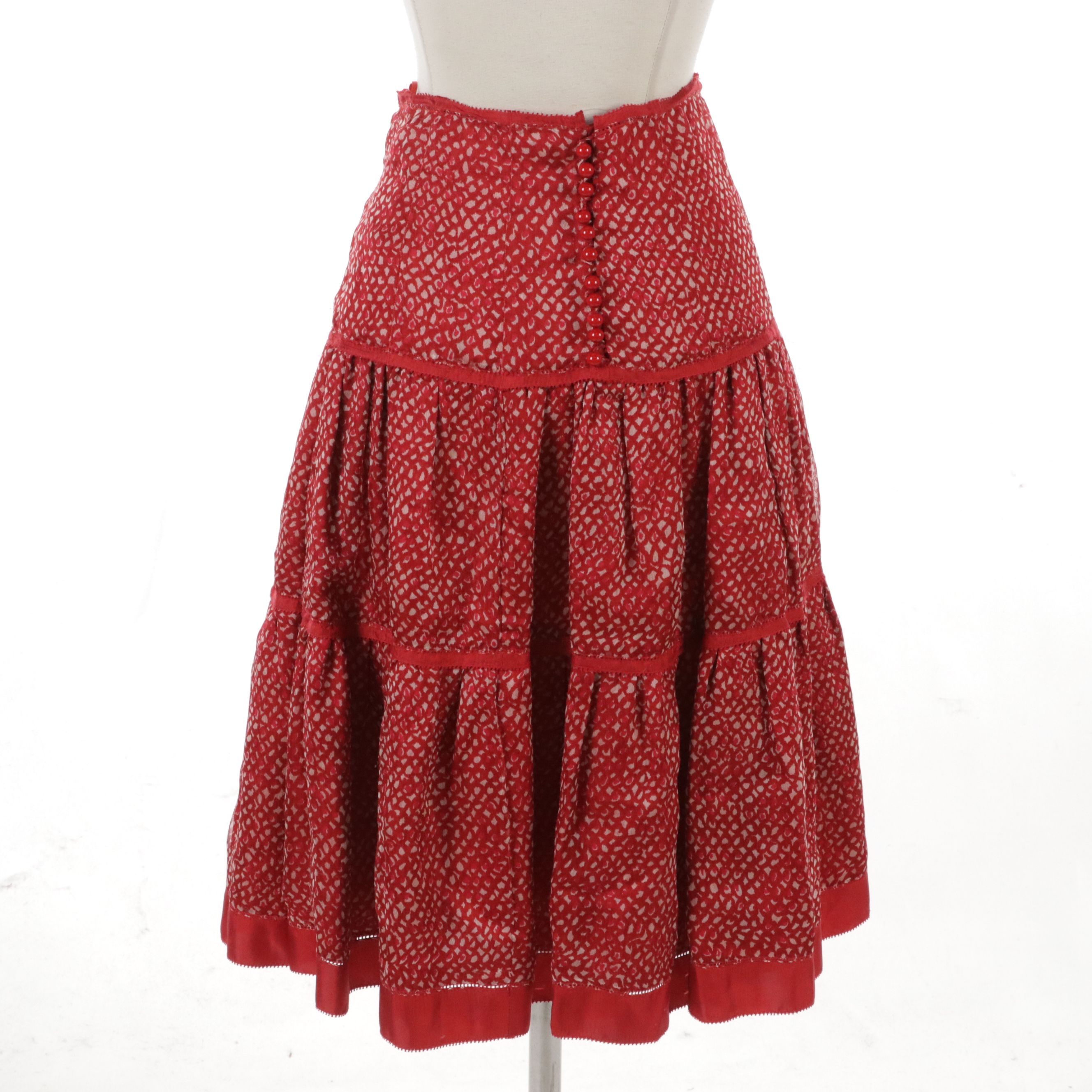 Louis Vuitton Printed Silk Skirt in Red and White with Ribbon Trim and Tie Belt