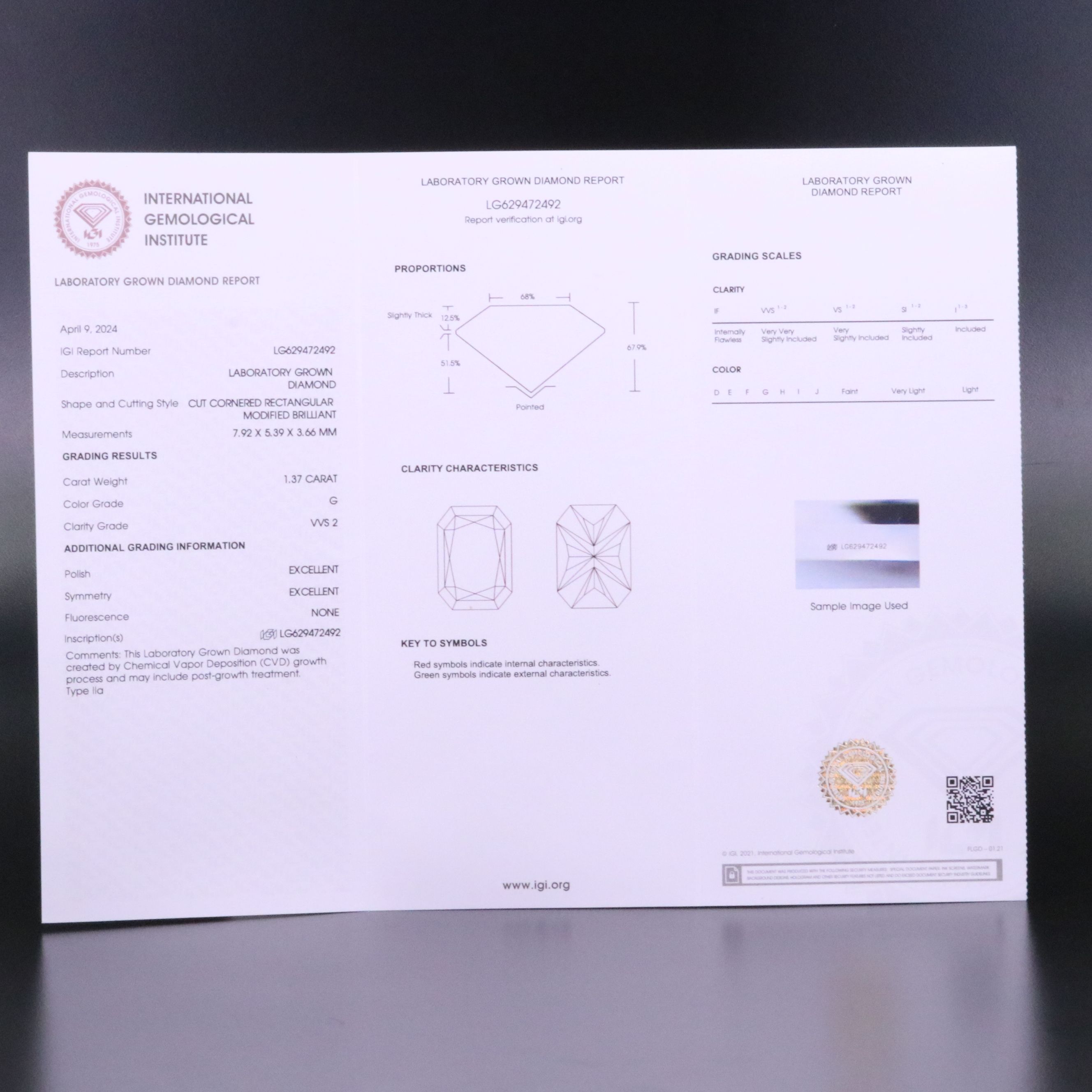 Loose 1.37 CT Lab Grown Diamond with IGI Report