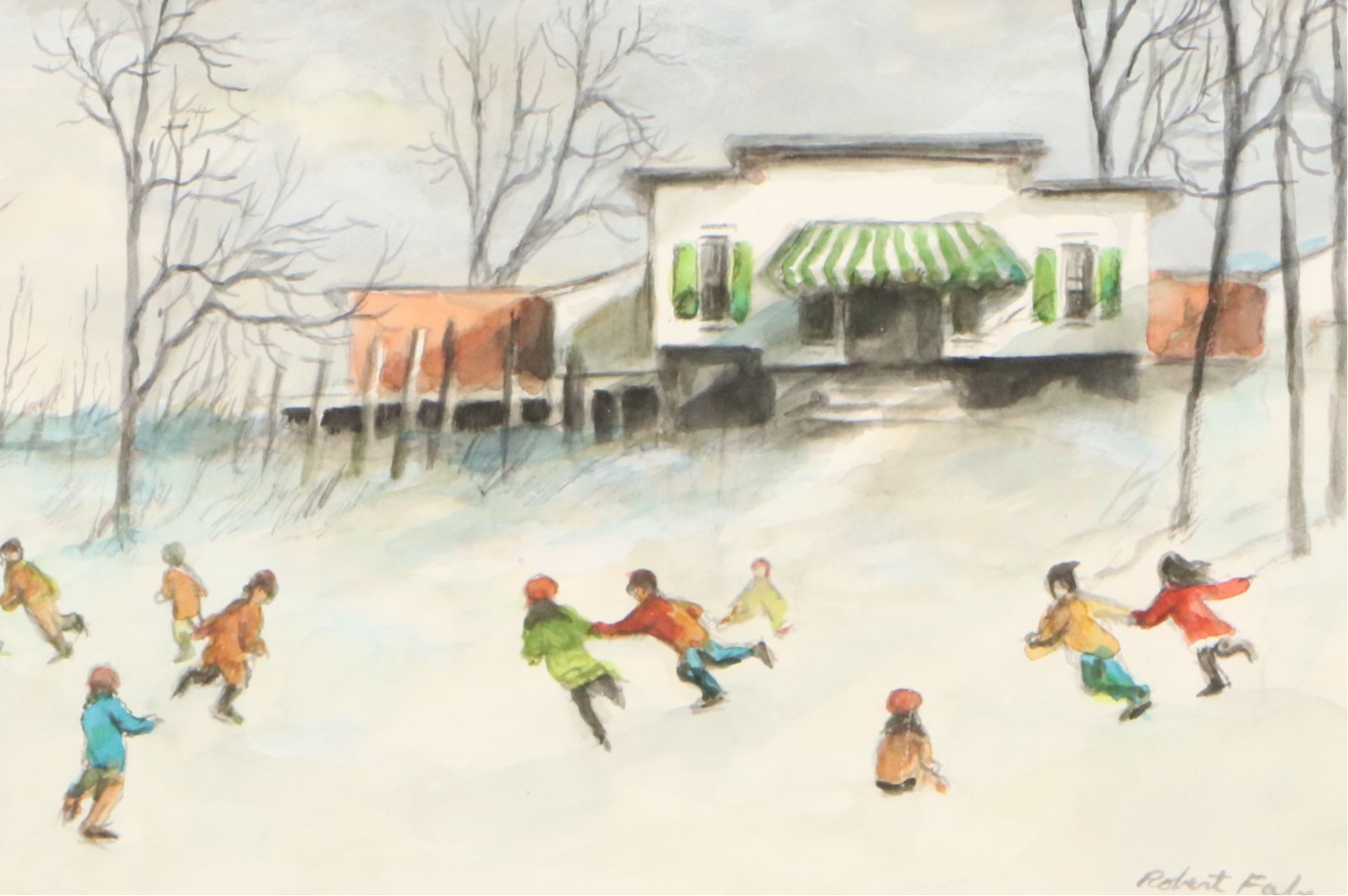 Robert Fabe Watercolor Painting of Children Ice Skating, Mid-Late 20th Century