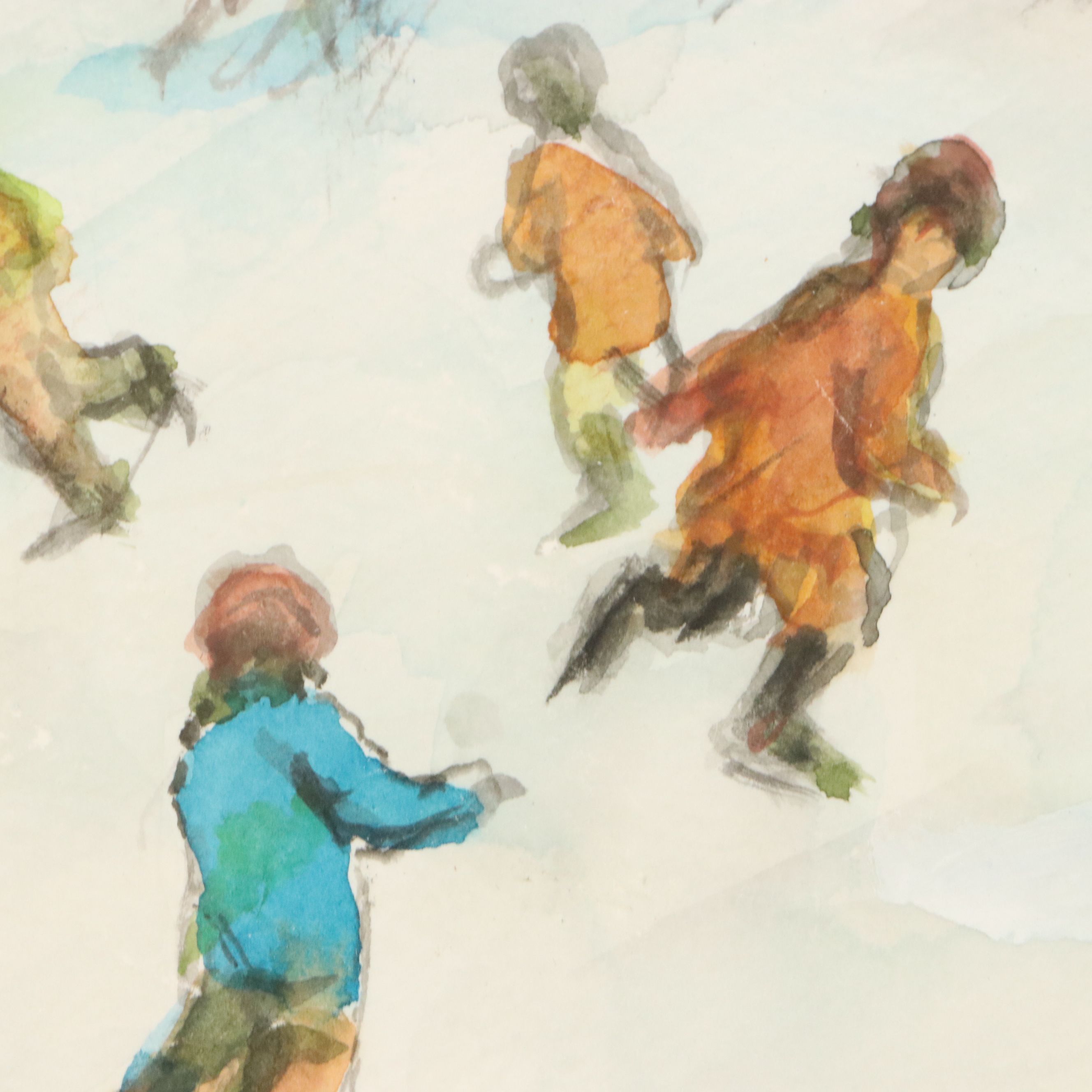 Robert Fabe Watercolor Painting of Children Ice Skating, Mid-Late 20th Century