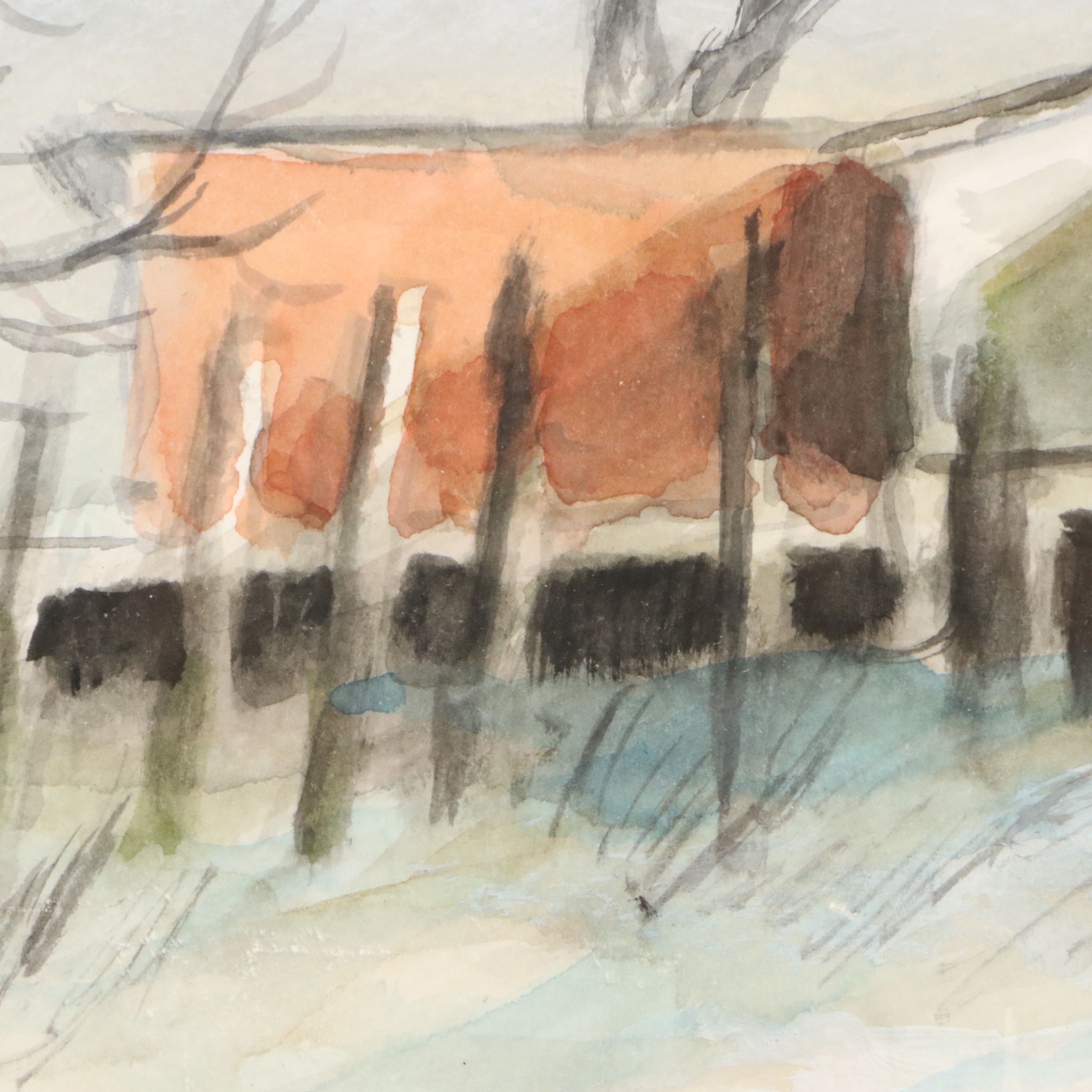 Robert Fabe Watercolor Painting of Children Ice Skating, Mid-Late 20th Century