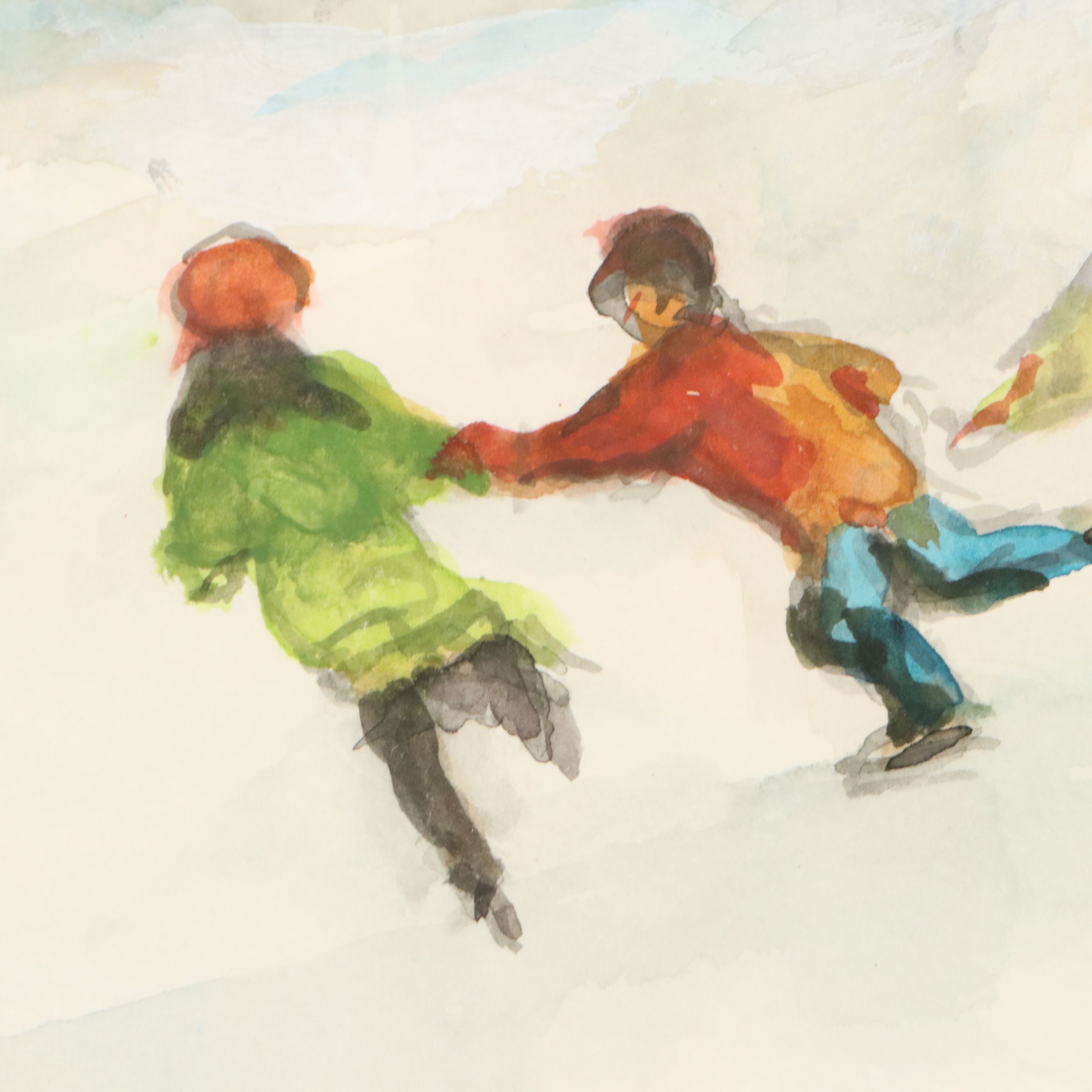 Robert Fabe Watercolor Painting of Children Ice Skating, Mid-Late 20th Century
