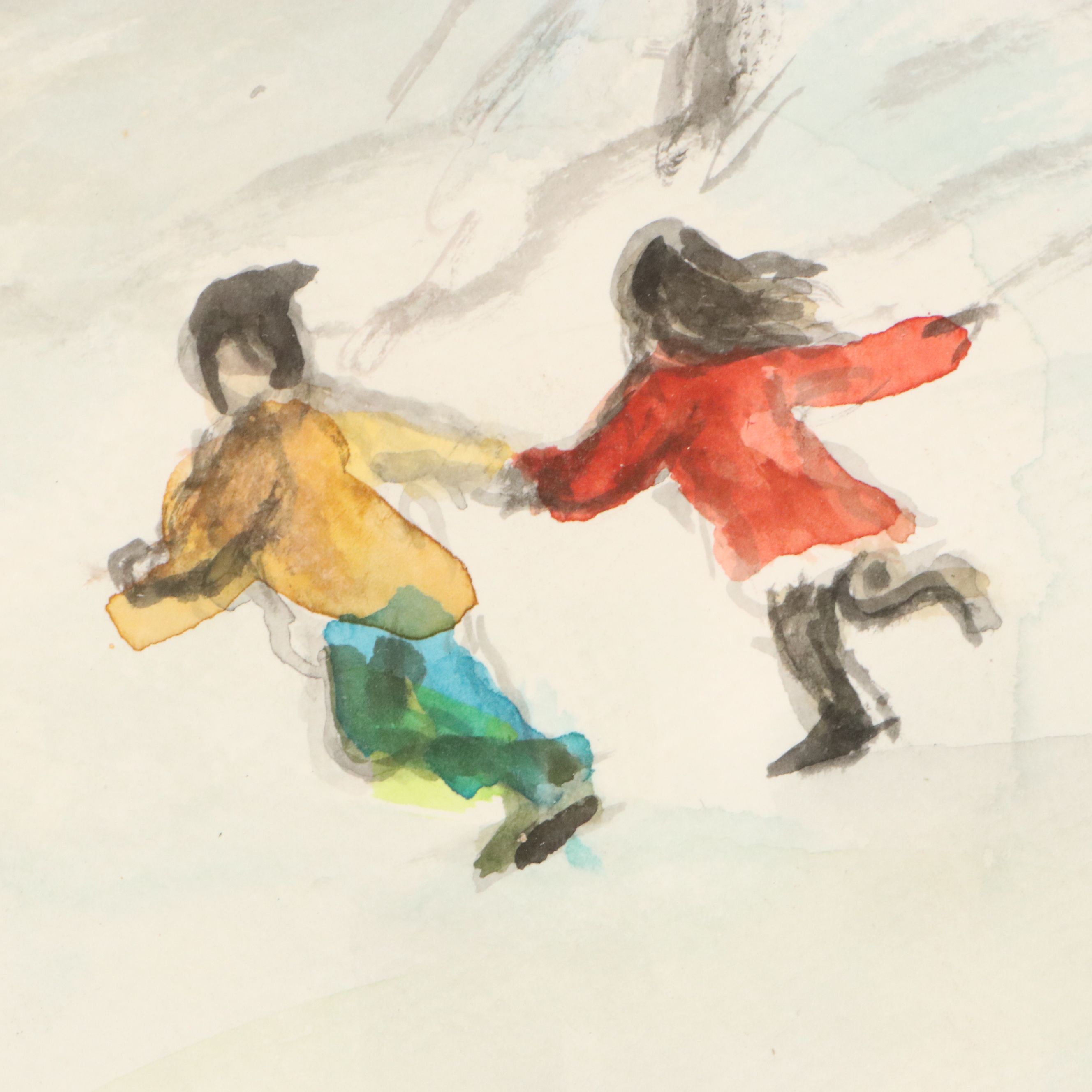 Robert Fabe Watercolor Painting of Children Ice Skating, Mid-Late 20th Century
