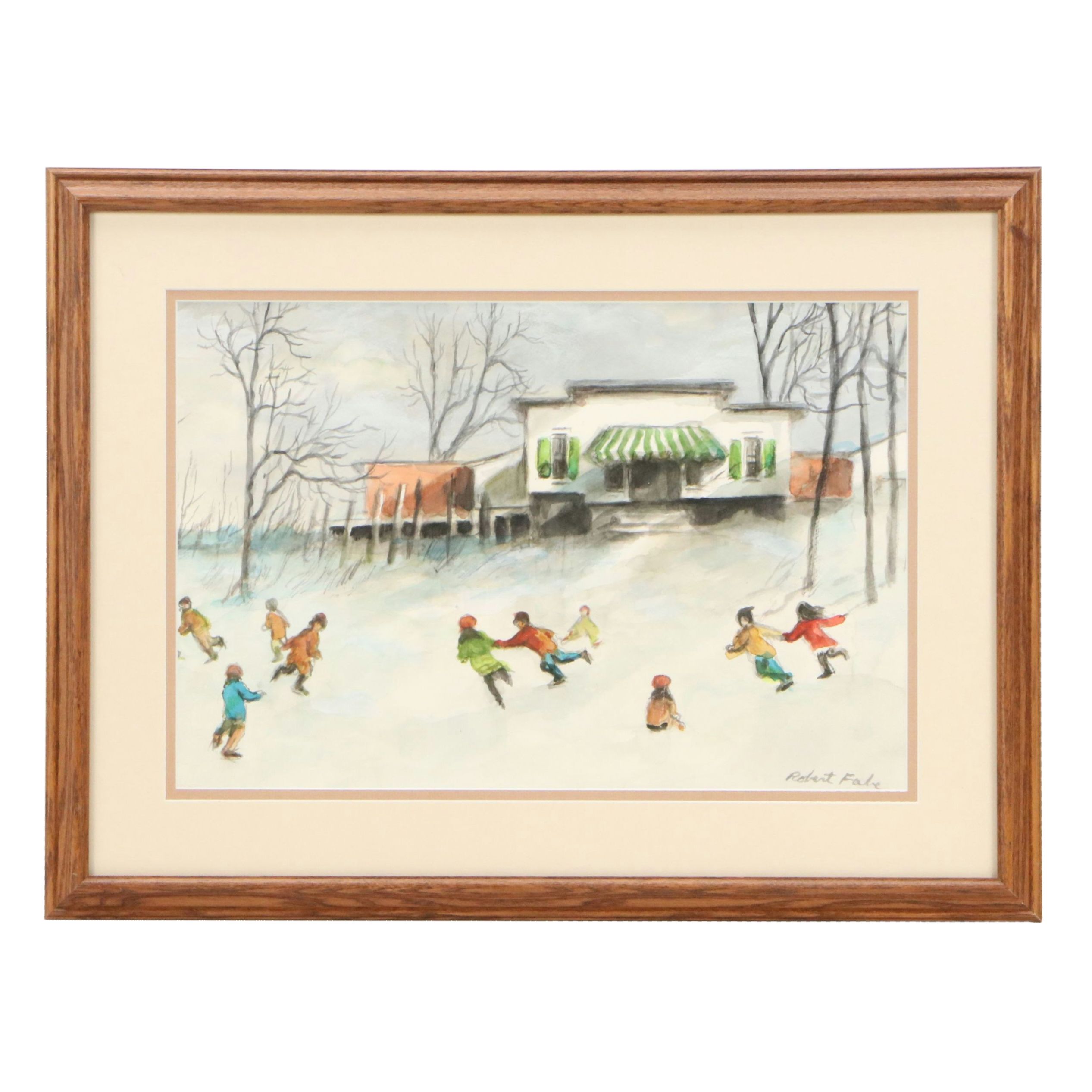 Robert Fabe Watercolor Painting of Children Ice Skating, Mid-Late 20th Century