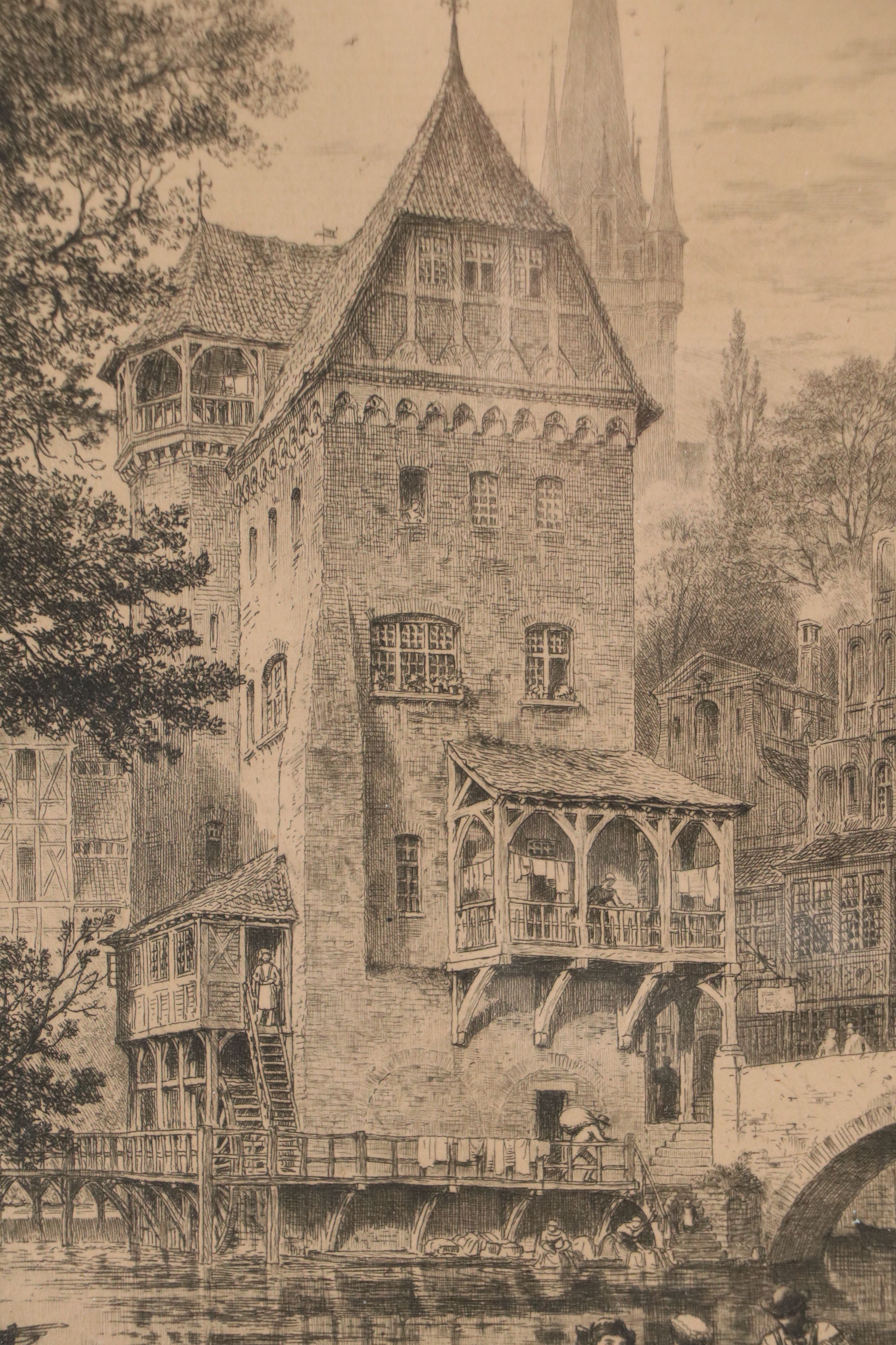 Etching Designed by Axel Herman Haig "An Old German Mill," Circa 1880