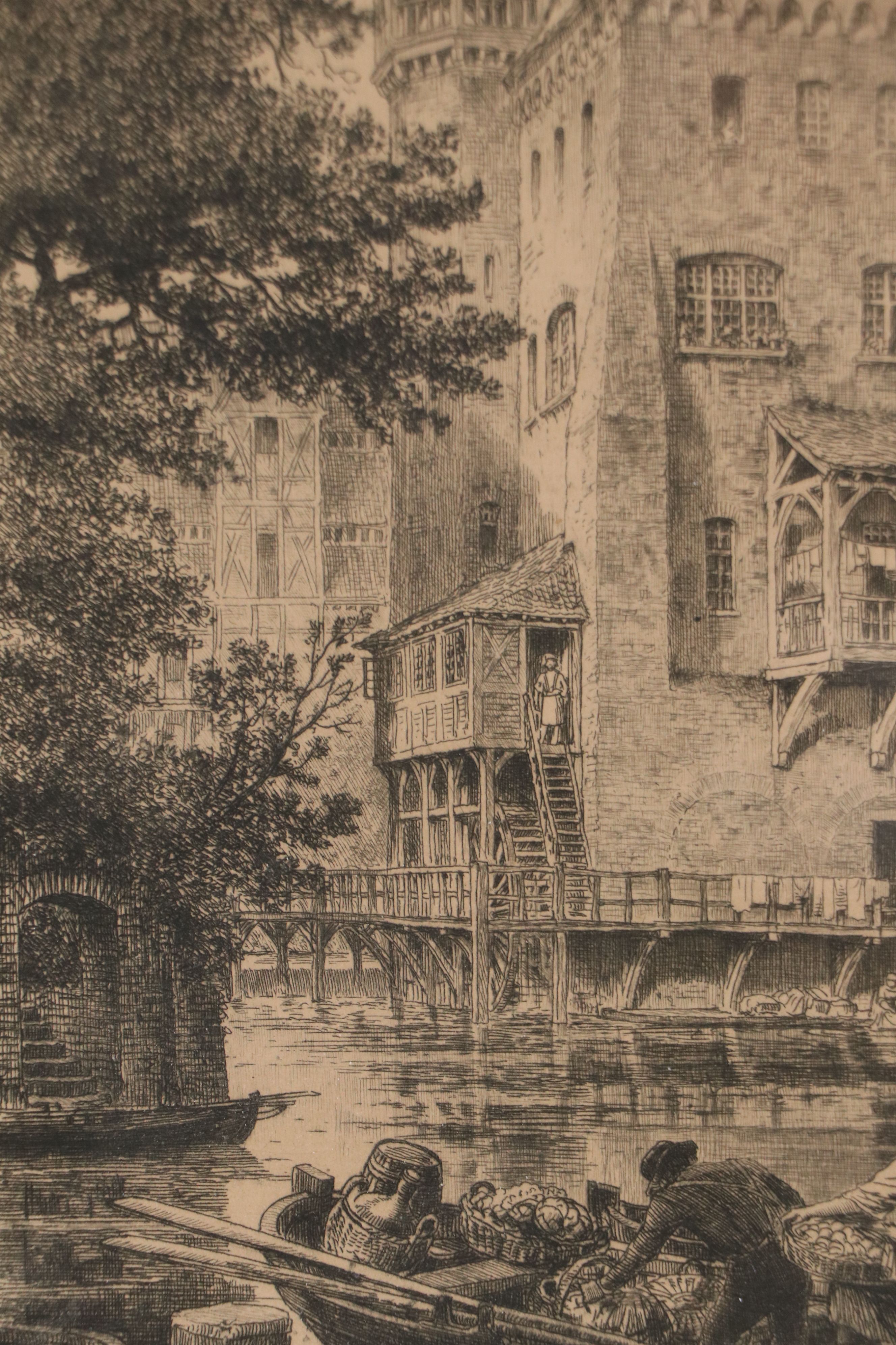 Etching Designed by Axel Herman Haig "An Old German Mill," Circa 1880