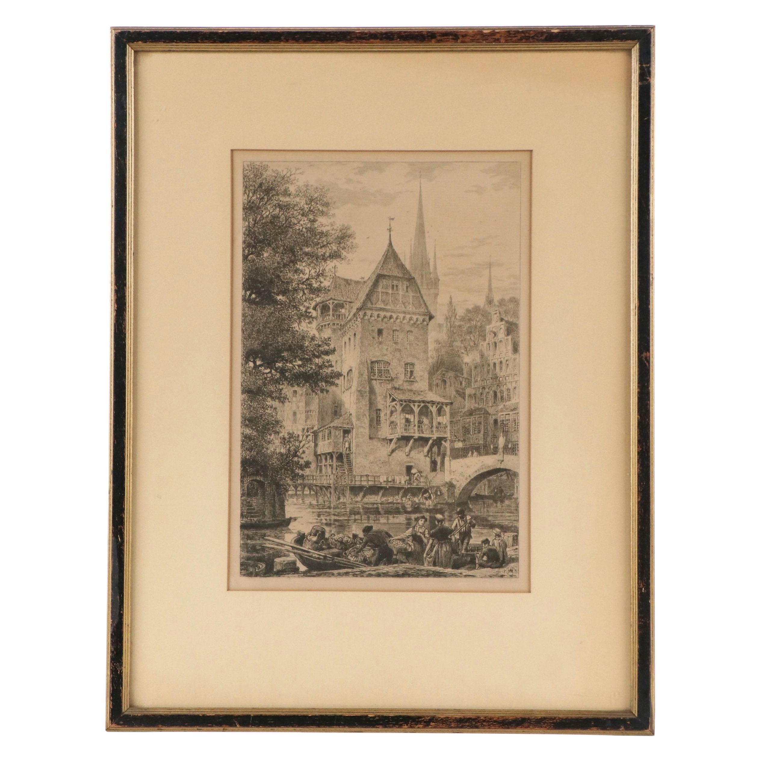 Etching Designed by Axel Herman Haig "An Old German Mill," Circa 1880