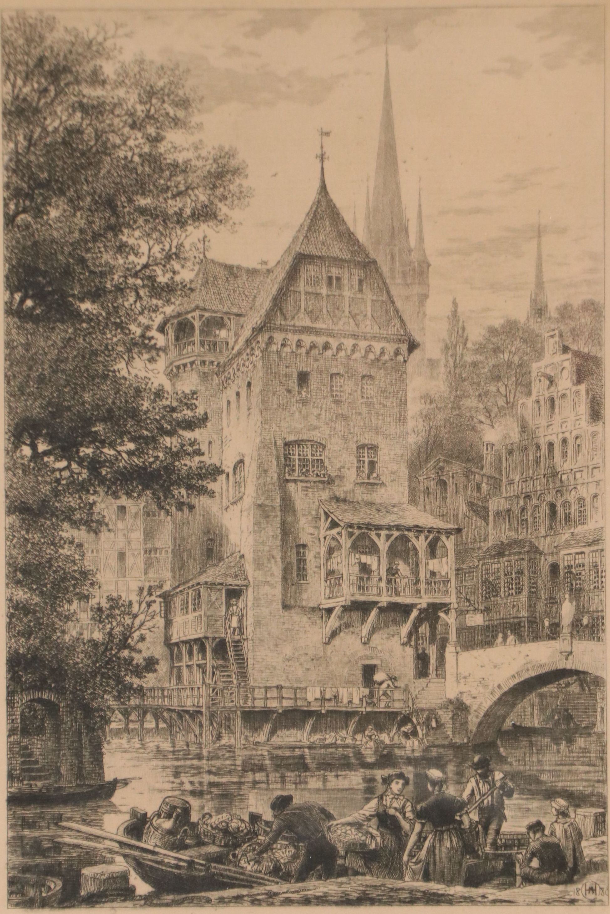 Etching Designed by Axel Herman Haig "An Old German Mill," Circa 1880