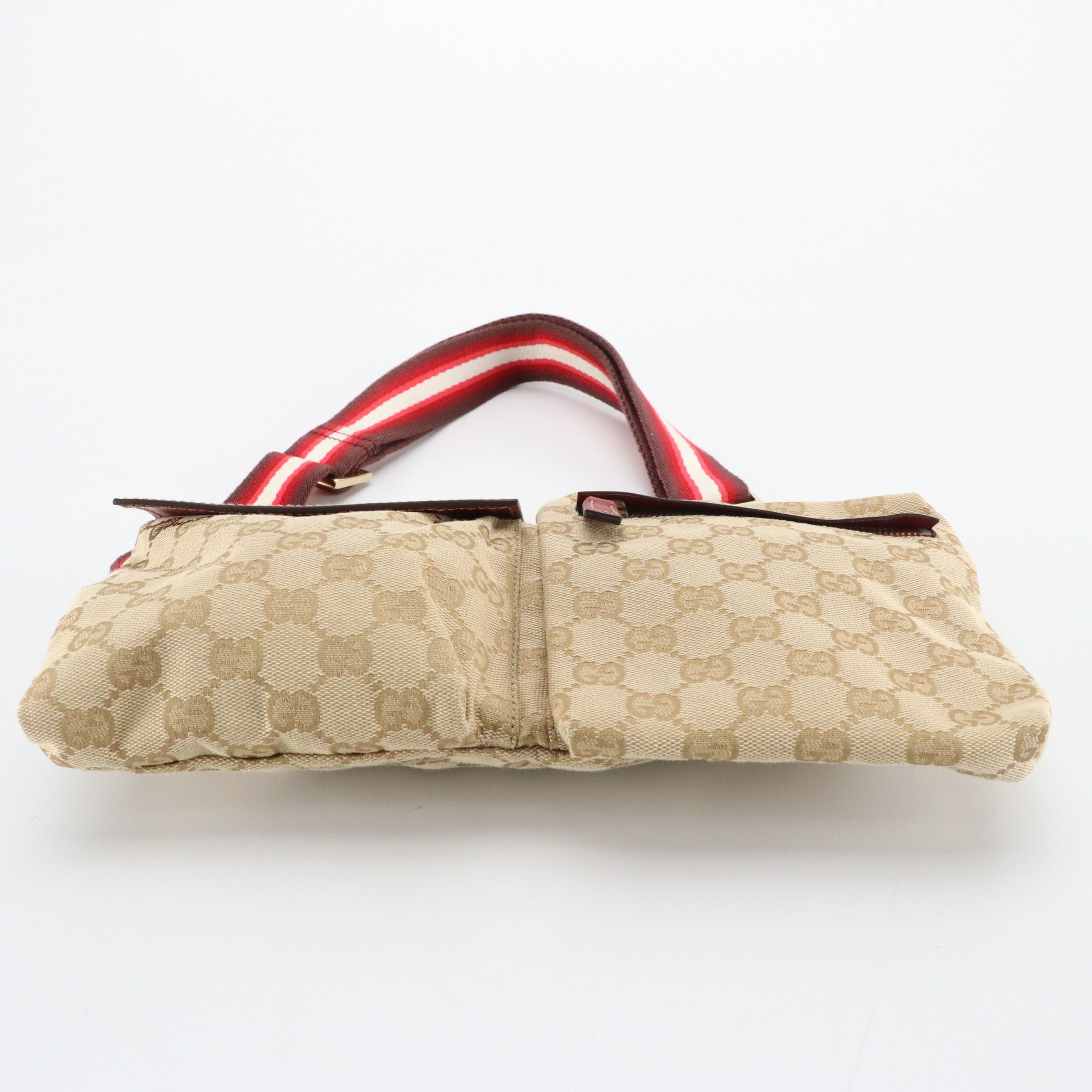 Gucci Double Pocket Belt Bag in GG Canvas and Red Leather