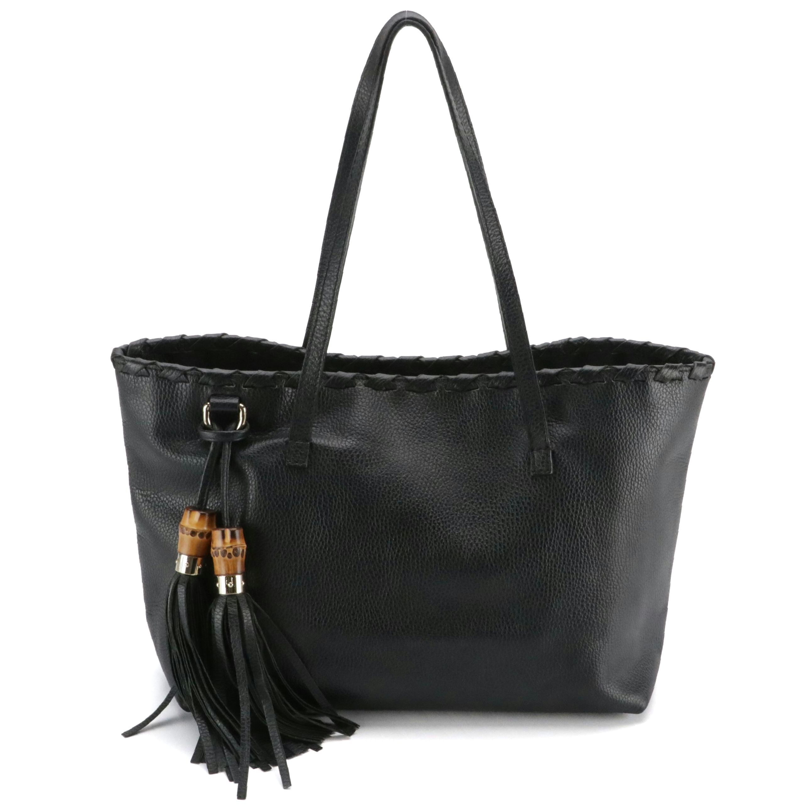 Gucci Black Grain Leather Bamboo Tassel Tote