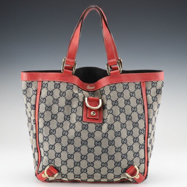 Gucci Abbey D-Ring Tote Bag in GG Canvas with Red Leather Trim