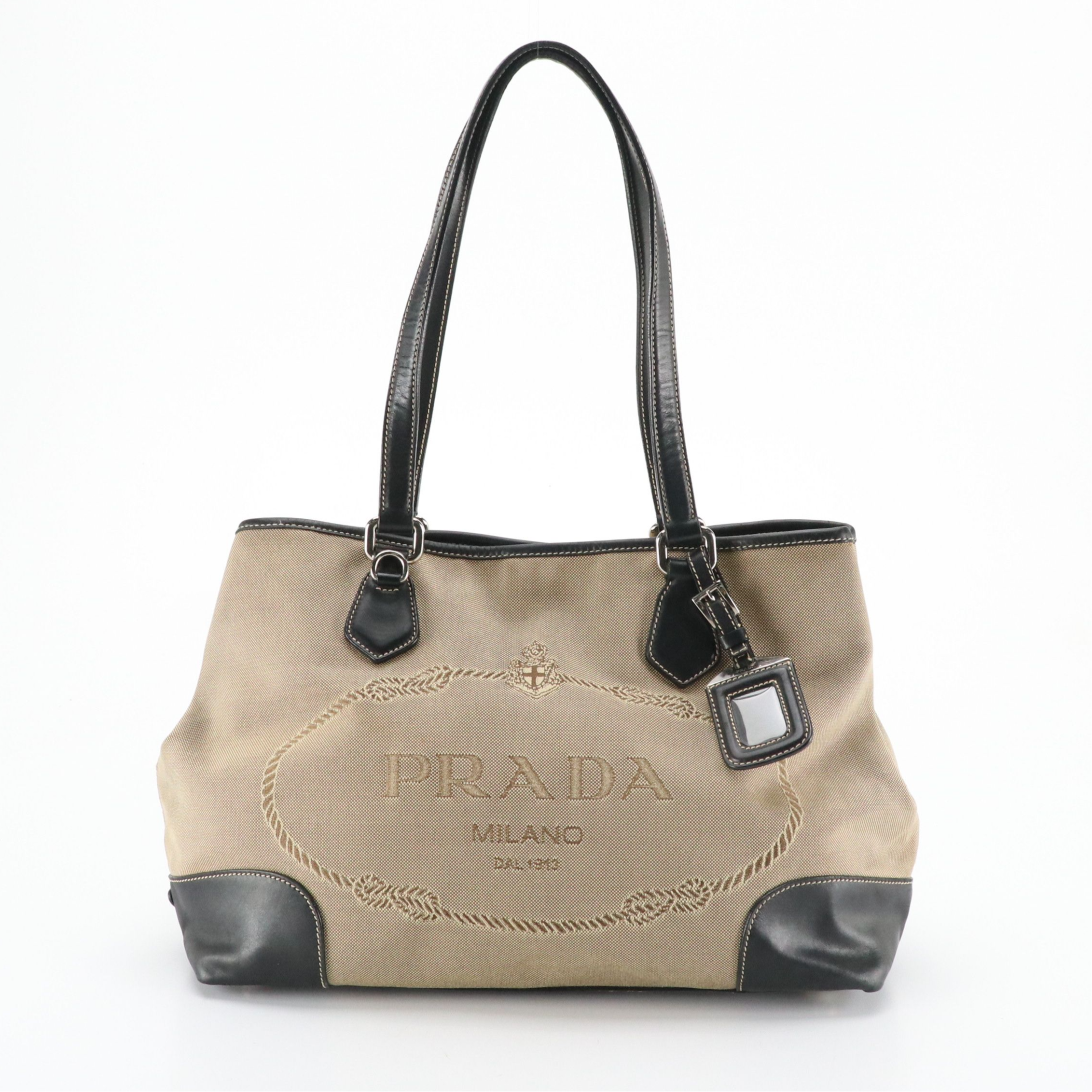Prada Canapa Shoulder Bag in Logo Jacquard Canvas and Leather