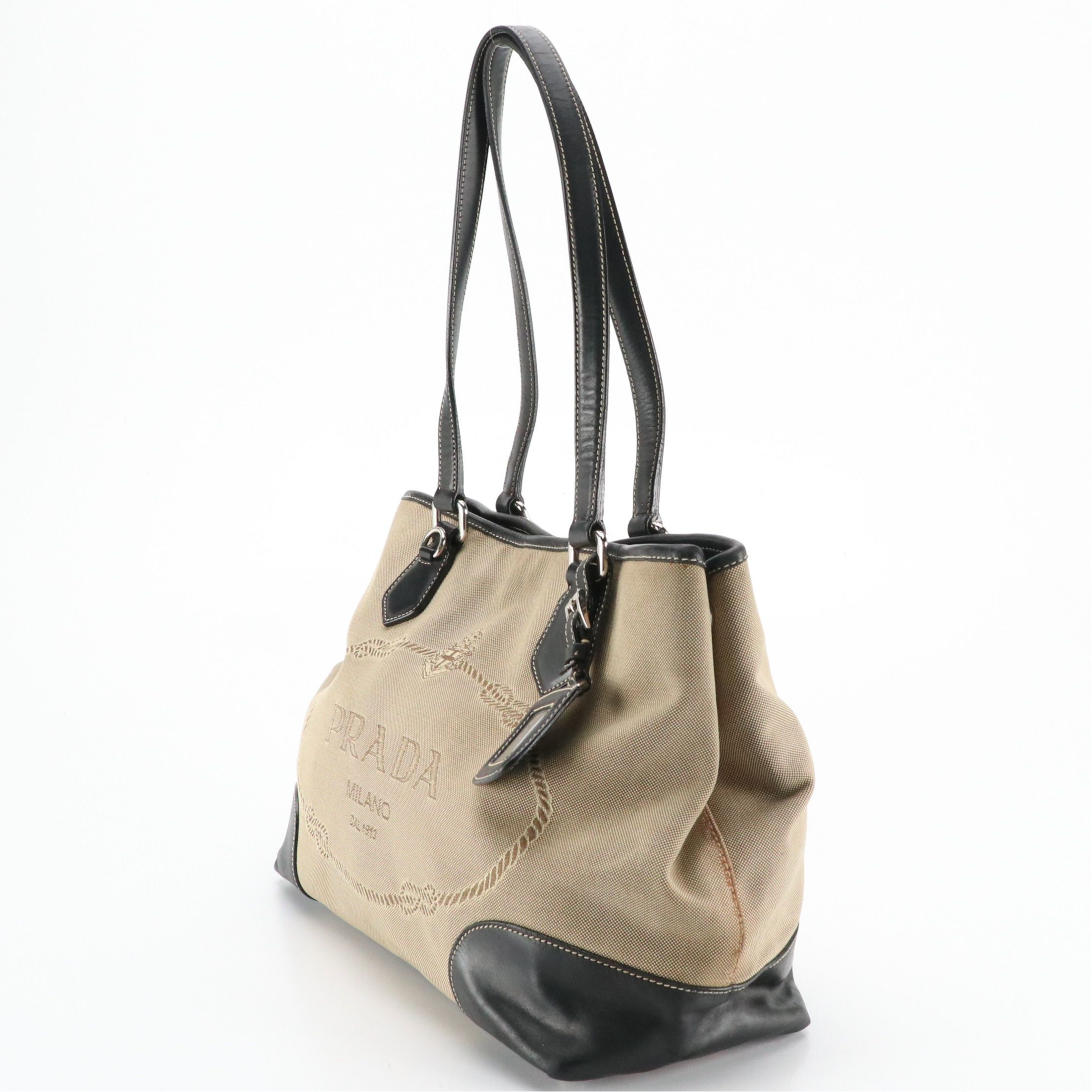 Prada Canapa Shoulder Bag in Logo Jacquard Canvas and Leather