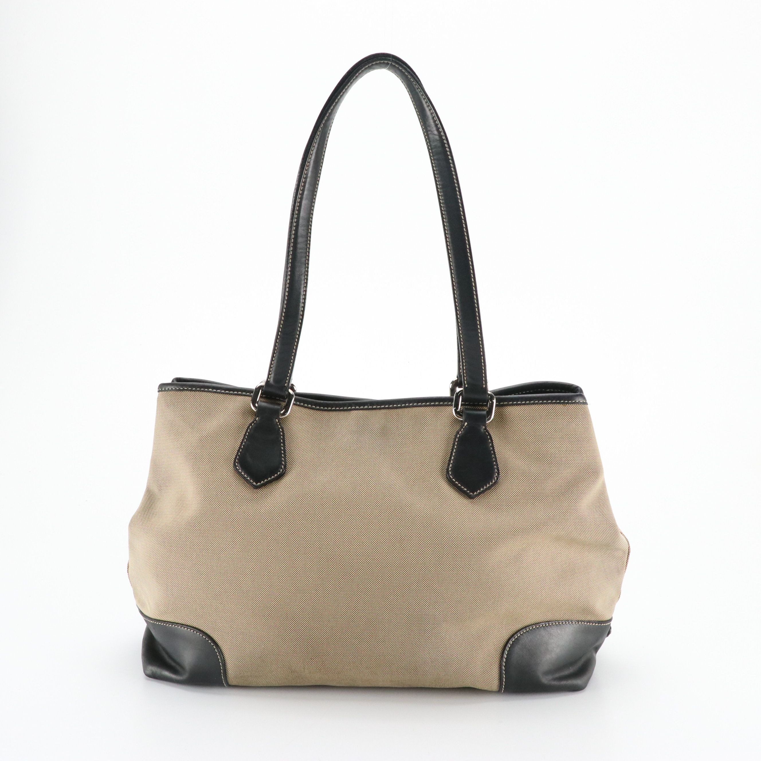 Prada Canapa Shoulder Bag in Logo Jacquard Canvas and Leather