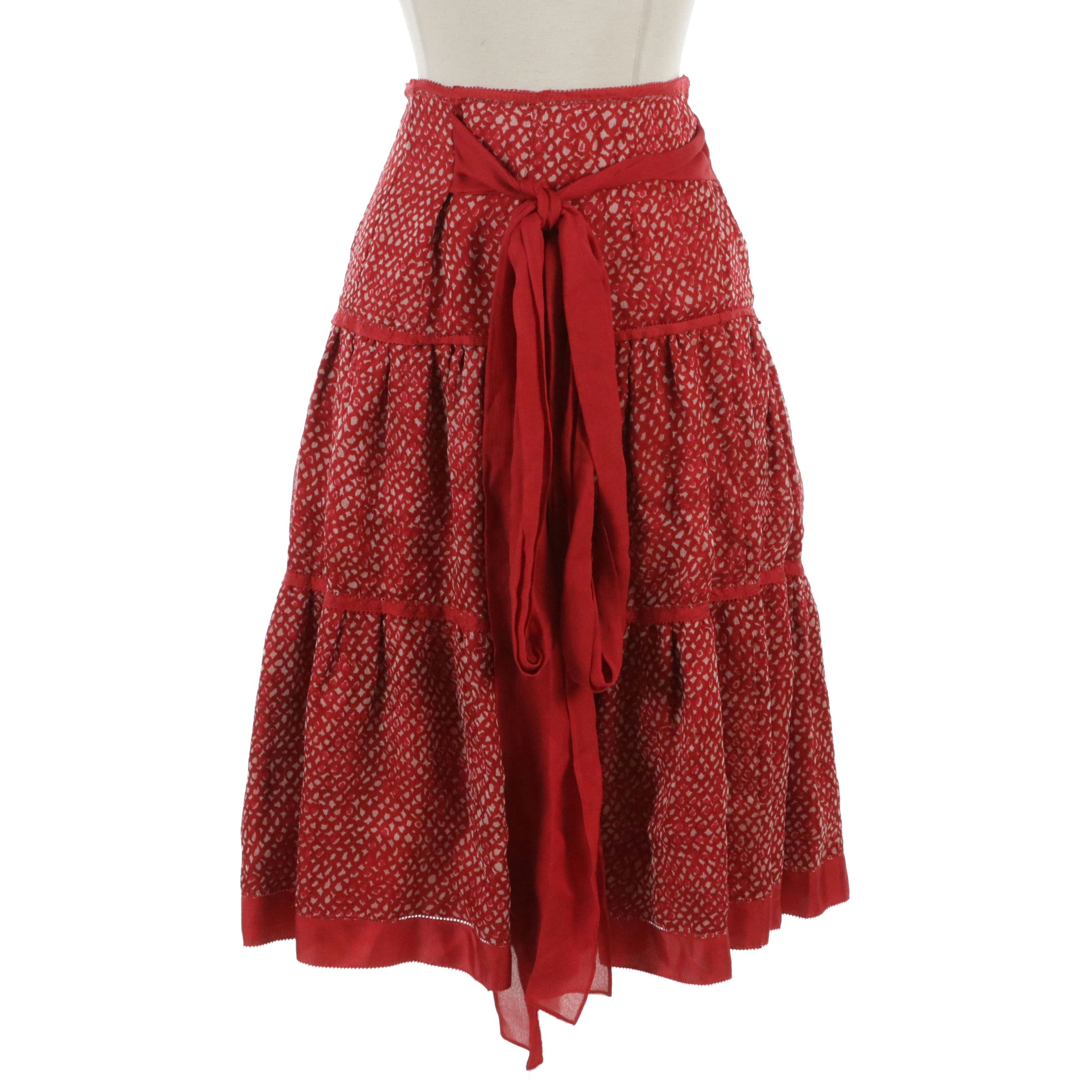 Louis Vuitton Printed Silk Skirt in Red and White with Ribbon Trim and Tie Belt