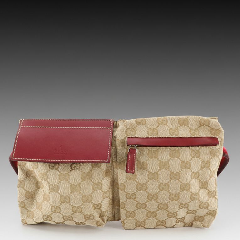 Gucci Double Pocket Belt Bag in GG Canvas and Red Leather
