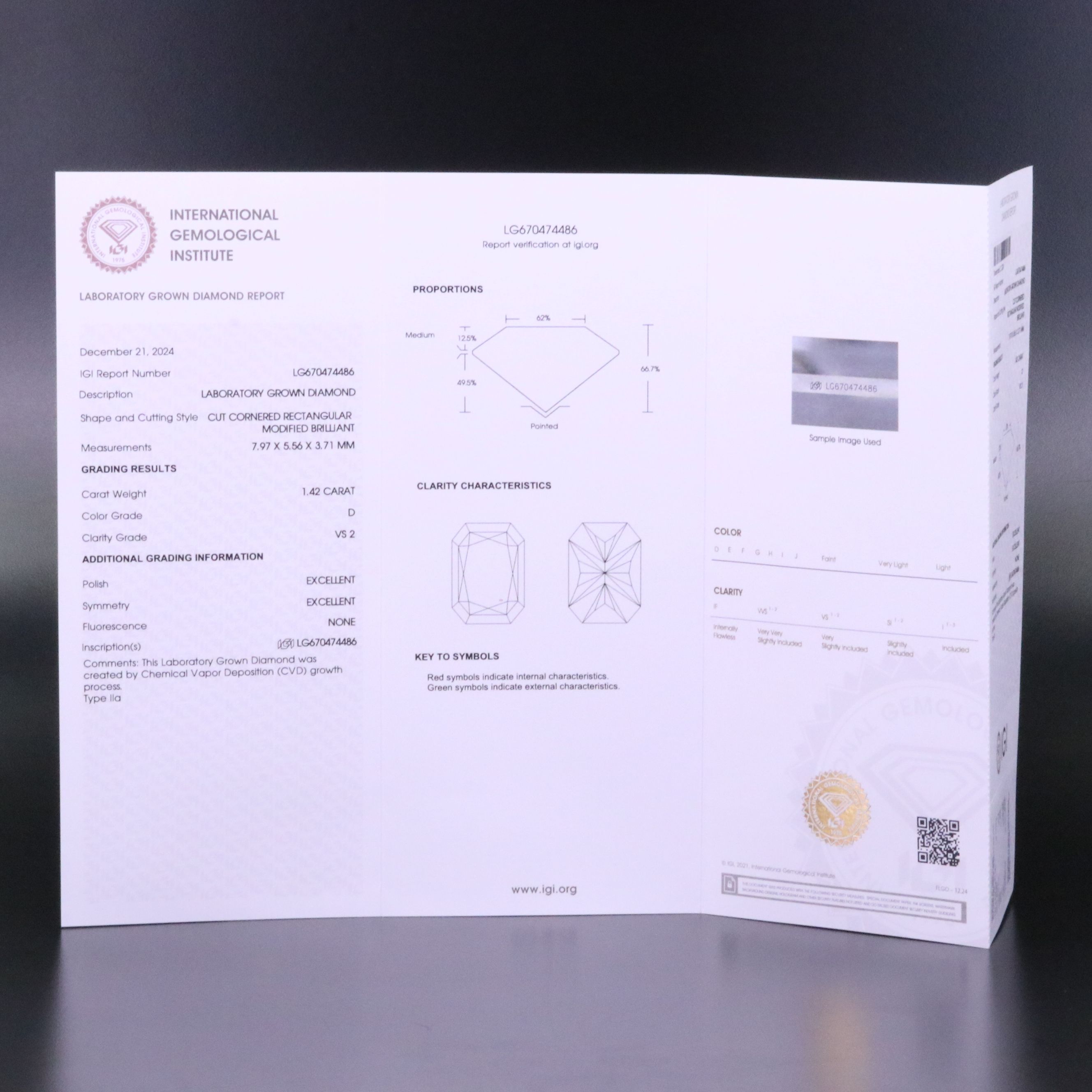 Loose 1.42 CT Lab Grown Diamond with IGI Report