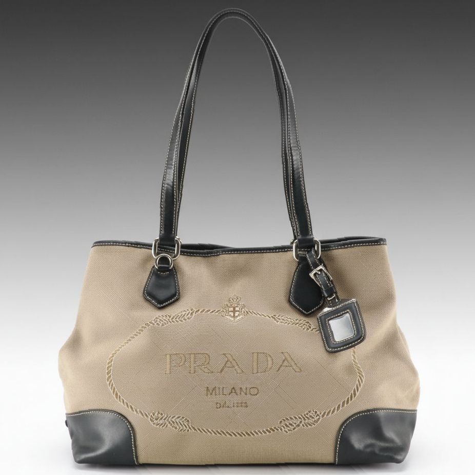 Prada Canapa Shoulder Bag in Logo Jacquard Canvas and Leather