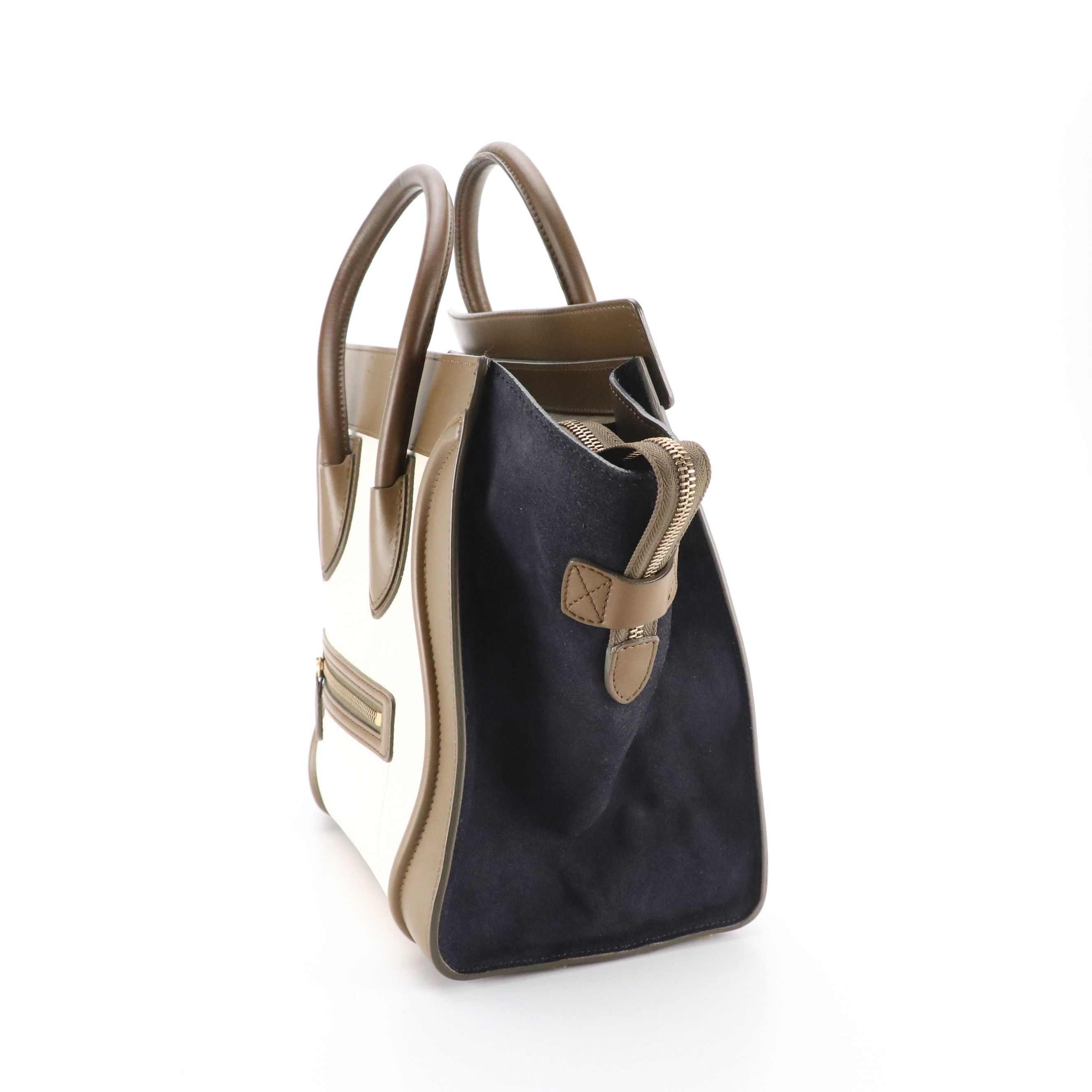 Celine Tricolor Mini Luggage Bag in Brown, Ivory and Navy Leather