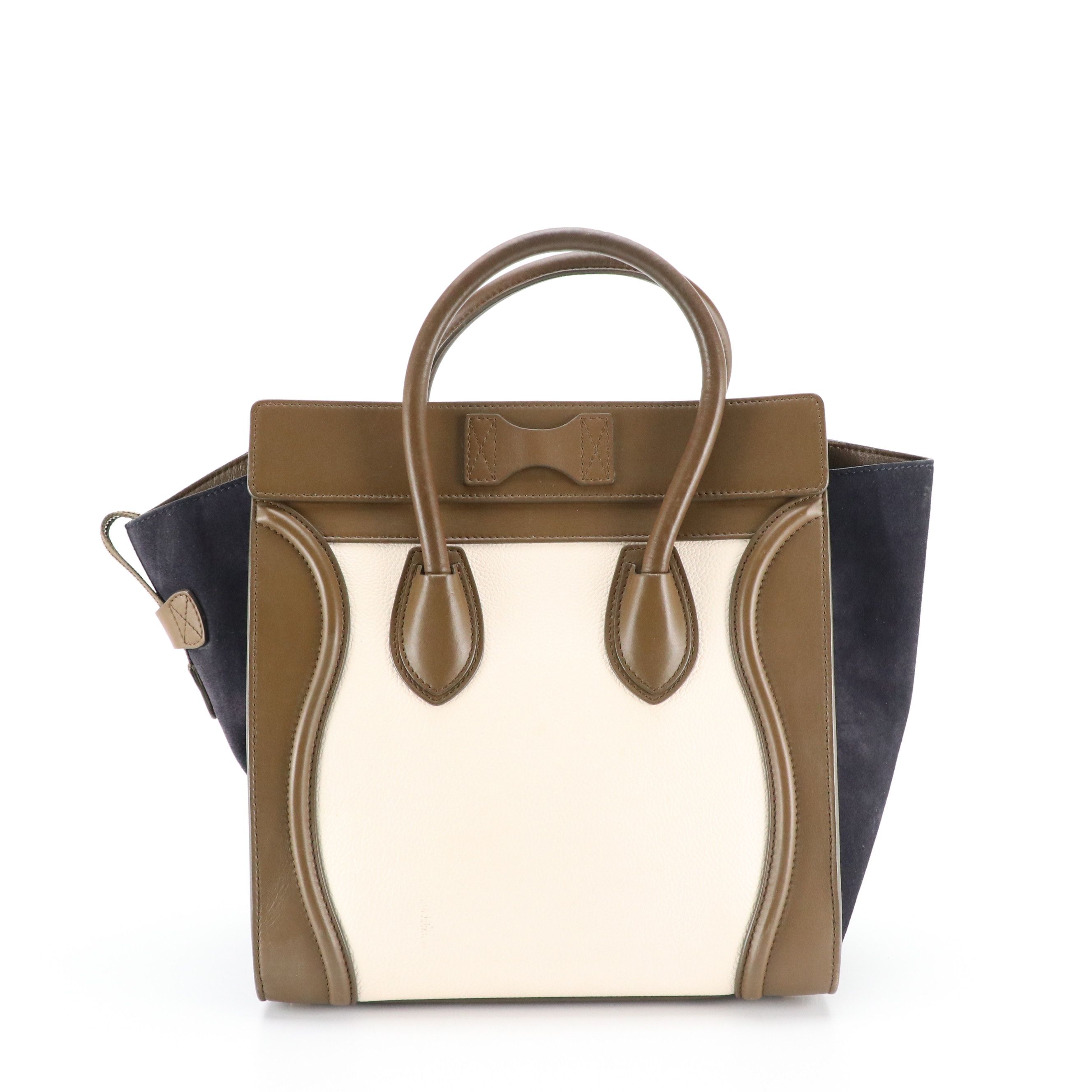 Celine Tricolor Mini Luggage Bag in Brown, Ivory and Navy Leather