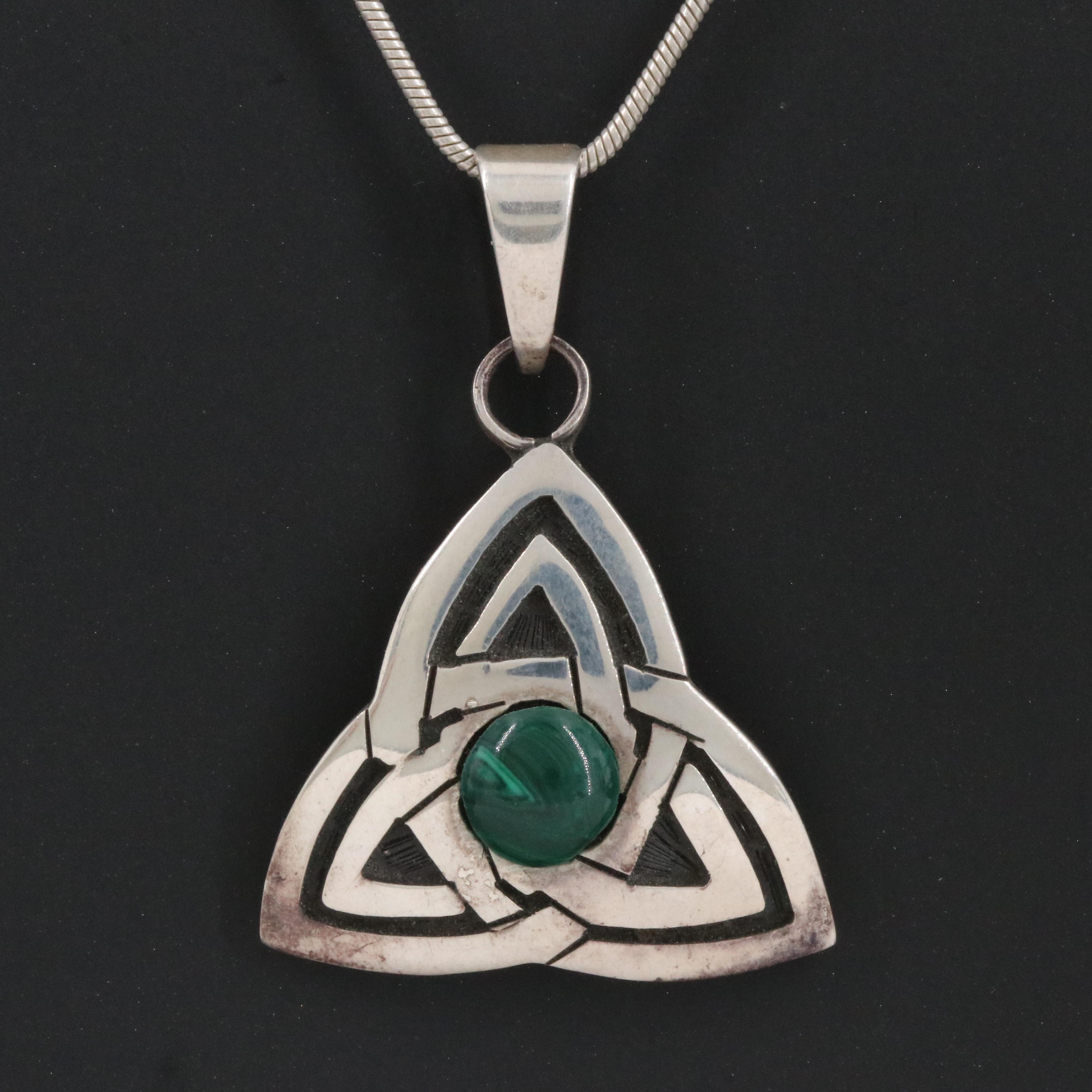 Sterling Faux Malachite Celtic Trinity Knot Pendant Necklace