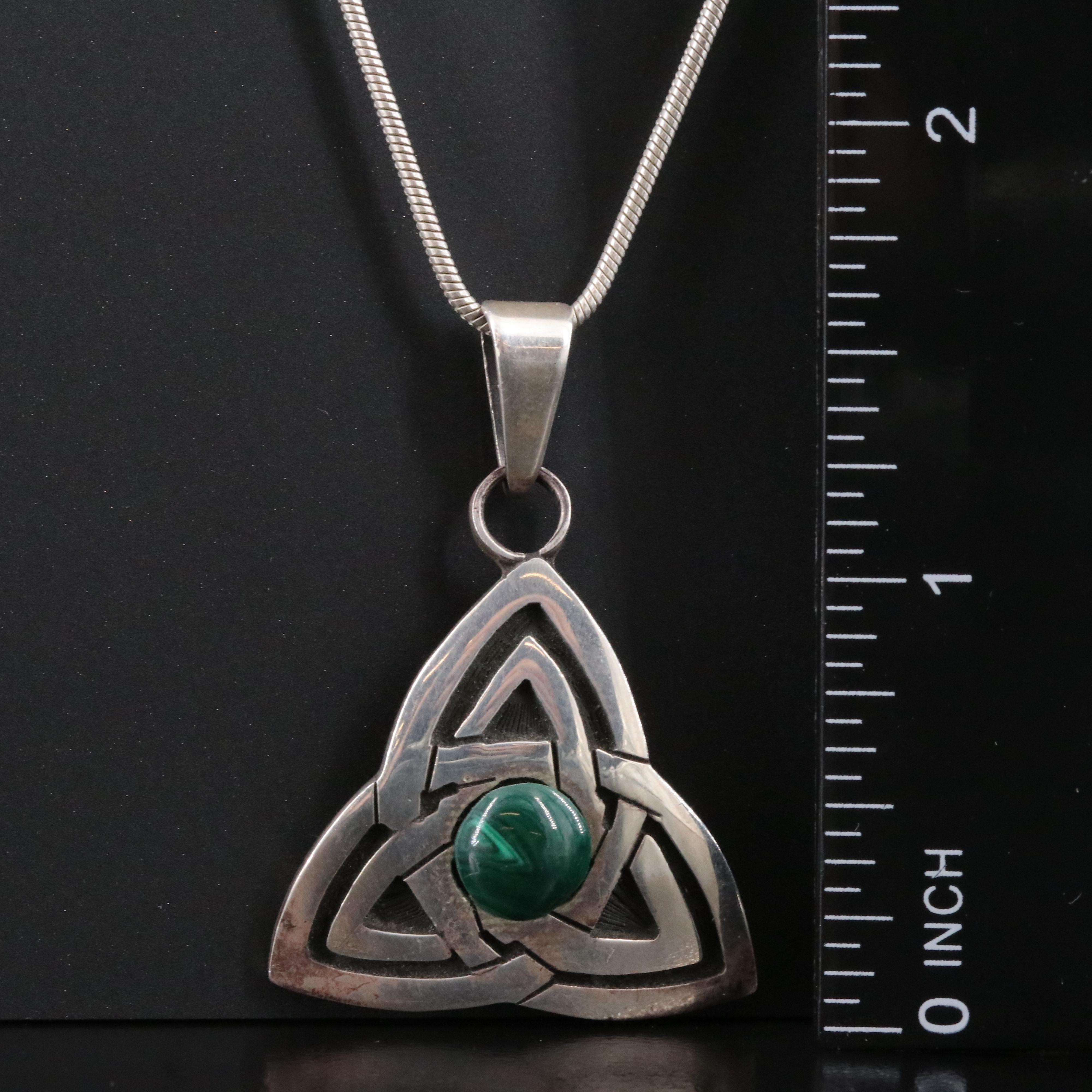 Sterling Faux Malachite Celtic Trinity Knot Pendant Necklace