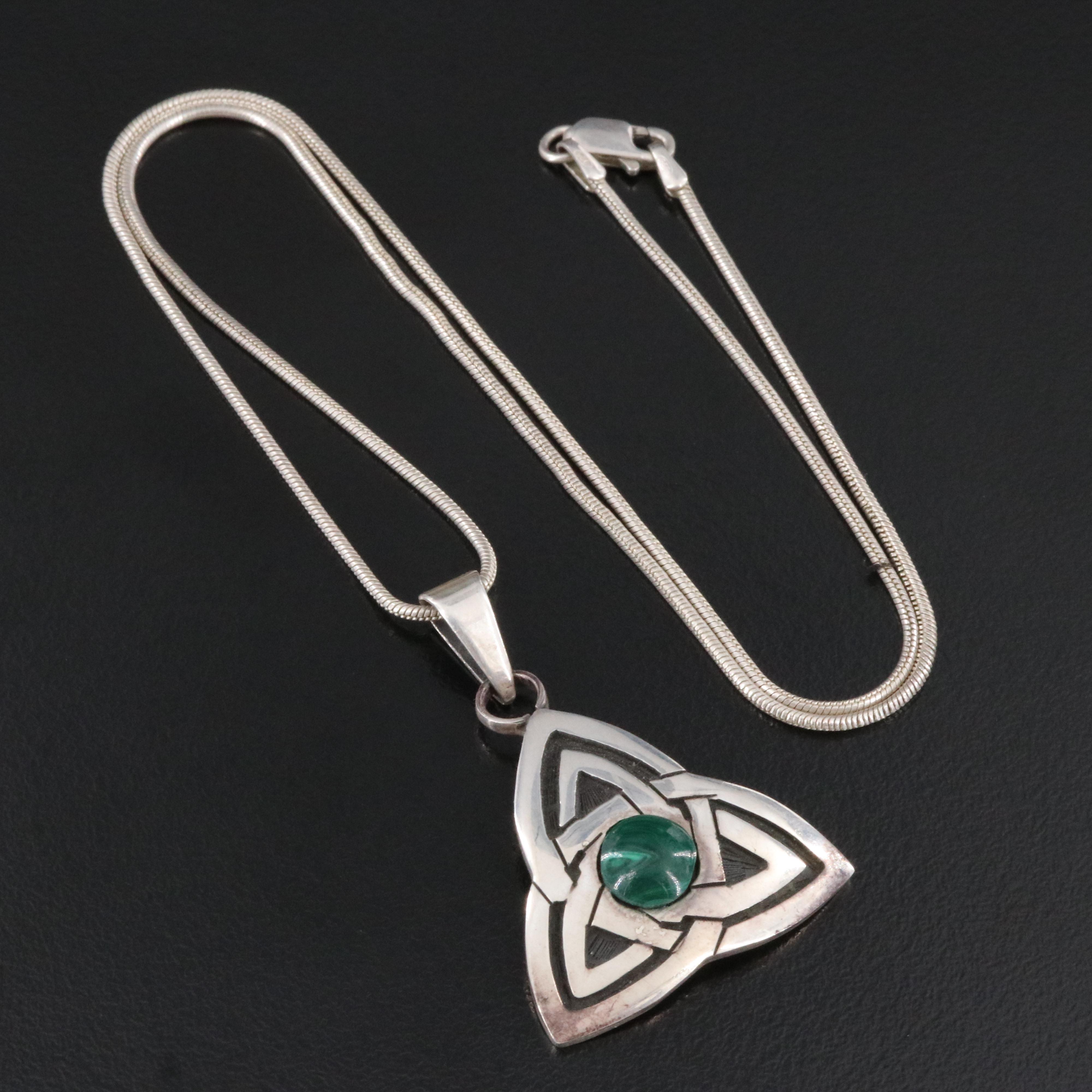 Sterling Faux Malachite Celtic Trinity Knot Pendant Necklace